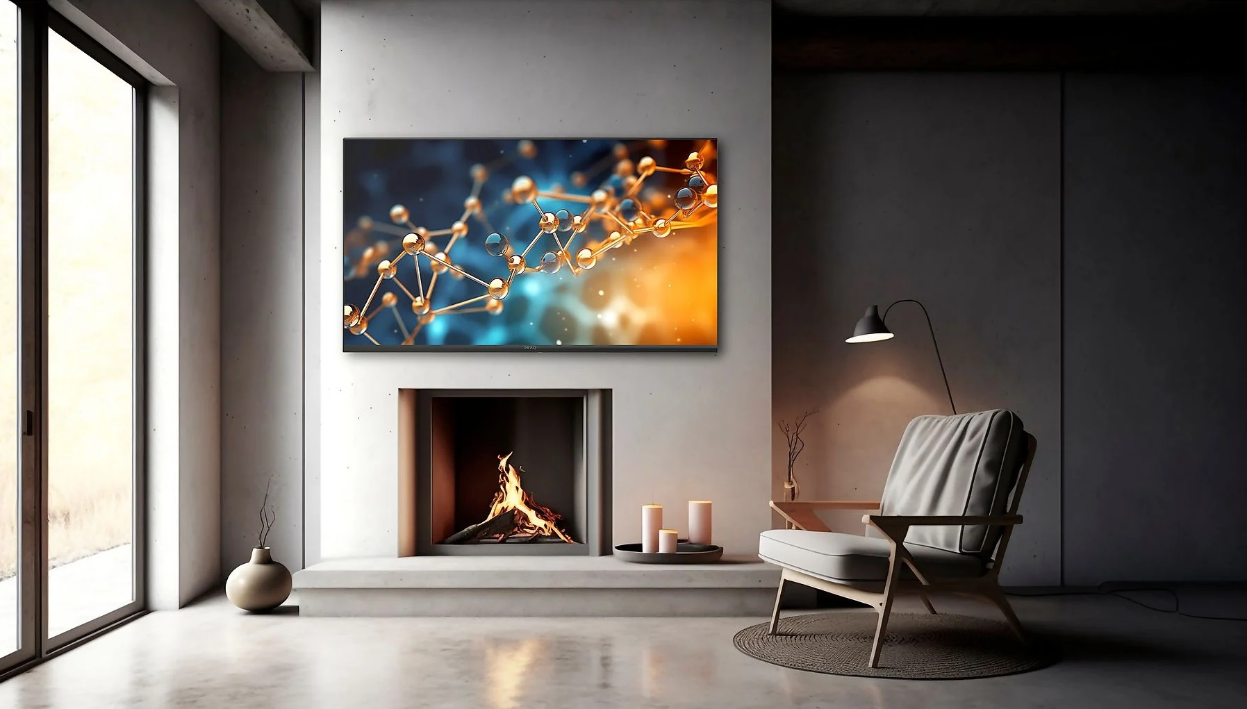 Telewizor na kominku w nowoczesnym salonie. Ekran pokazuje strukturę molekularną.