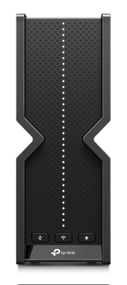 Czarne, wysokie, prostokątne urządzenie o teksturowanym froncie. Ikony zasilania, Wi-Fi i światła na dole.