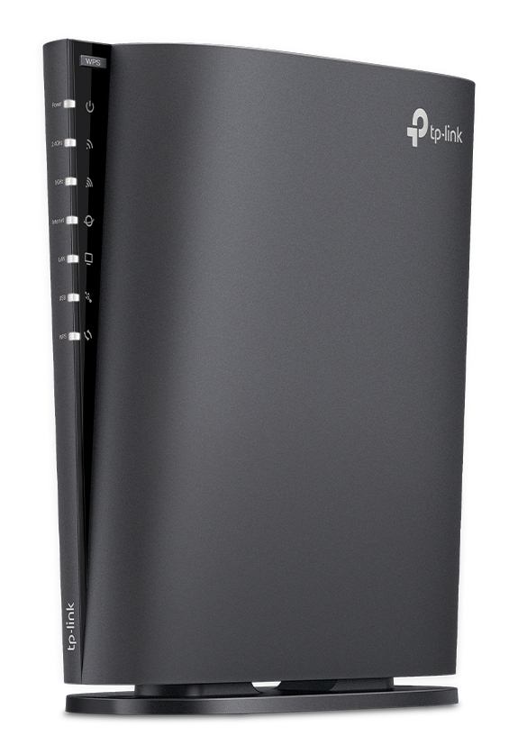 Czarny router tp-link, ze wskaźnikami po boku. Białe tło.