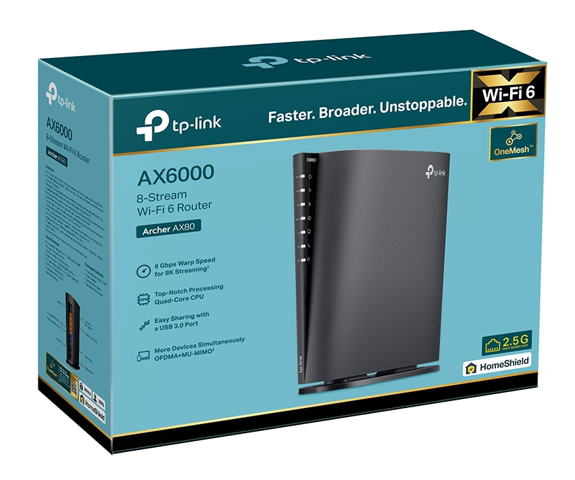 Zapakowany czarny router z Wi-Fi 6 i szczegółami produktu na turkusowym tle.