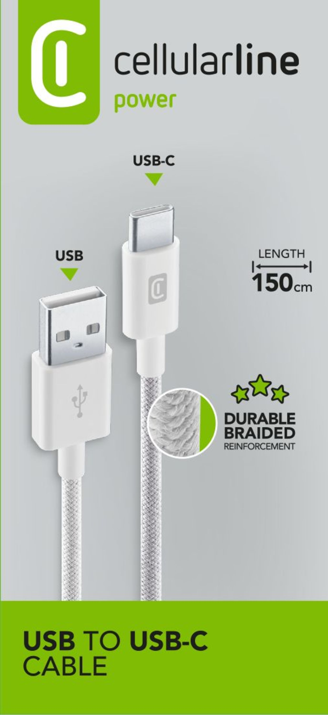 Beyaz USB - USB-C kablosu. Örgülü kablo. Metin 150 cm uzunluğu tanımlar.