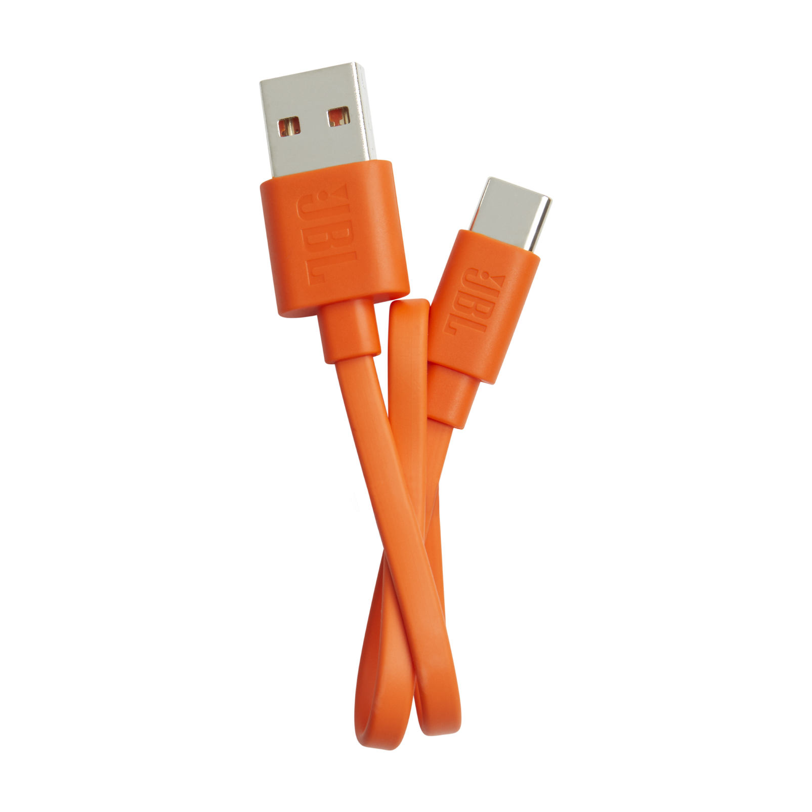 Siyah arka plan üzerinde JBL markalı turuncu bir USB-A - USB-C şarj kablosu.