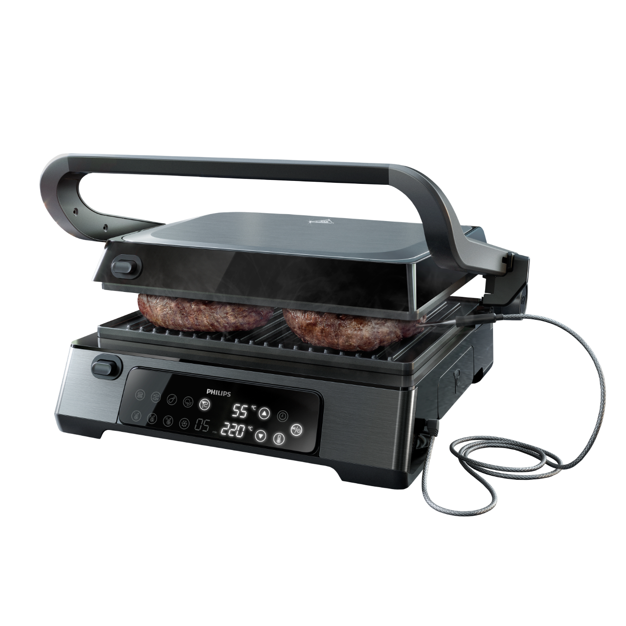 Philips-Grill mit zwei Burgern. Der Grill hat eine Digitalanzeige.