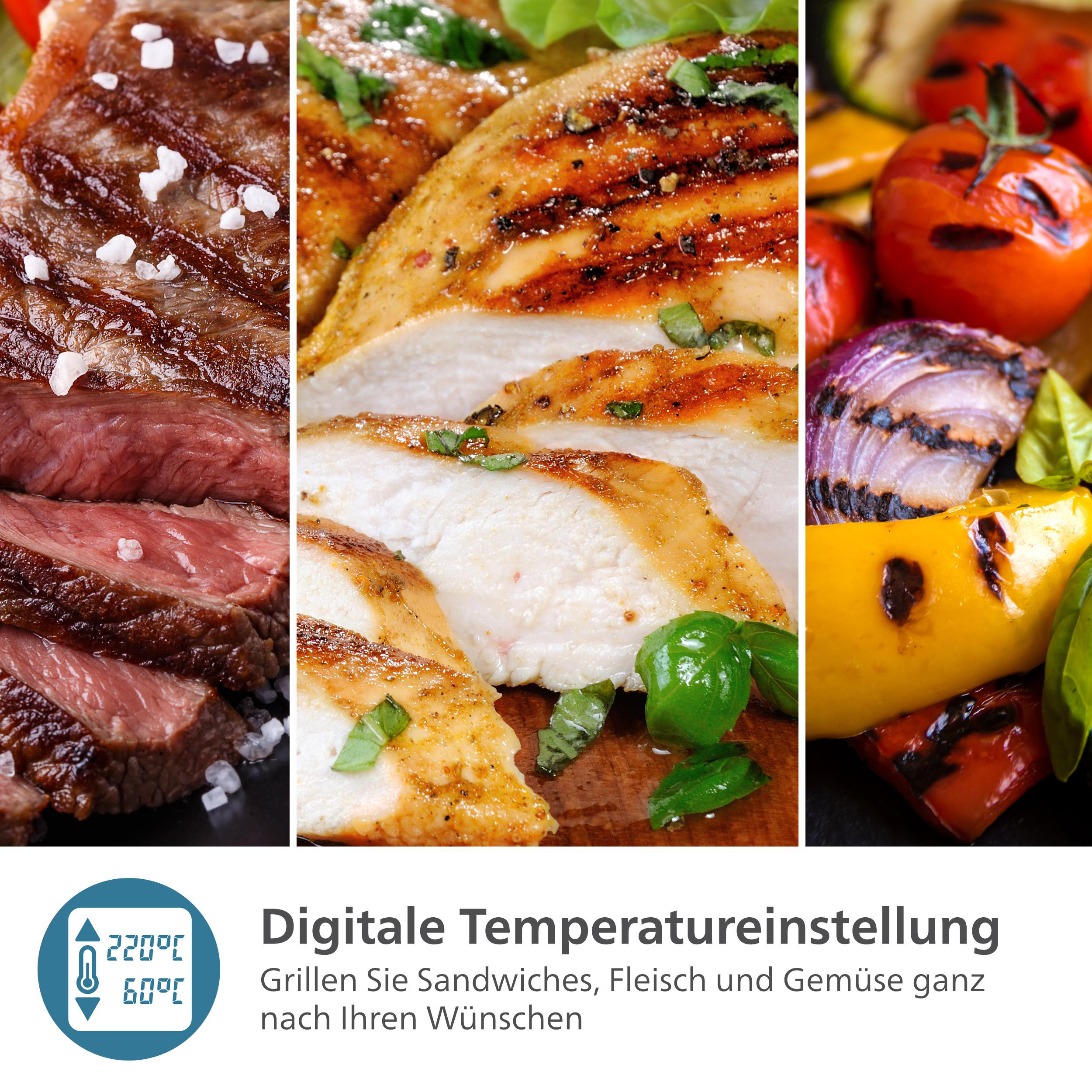 Eine Collage von gegrilltem Essen. Text auf dem Bild besagt digitale Temperatureinstellungen zum Grillen.