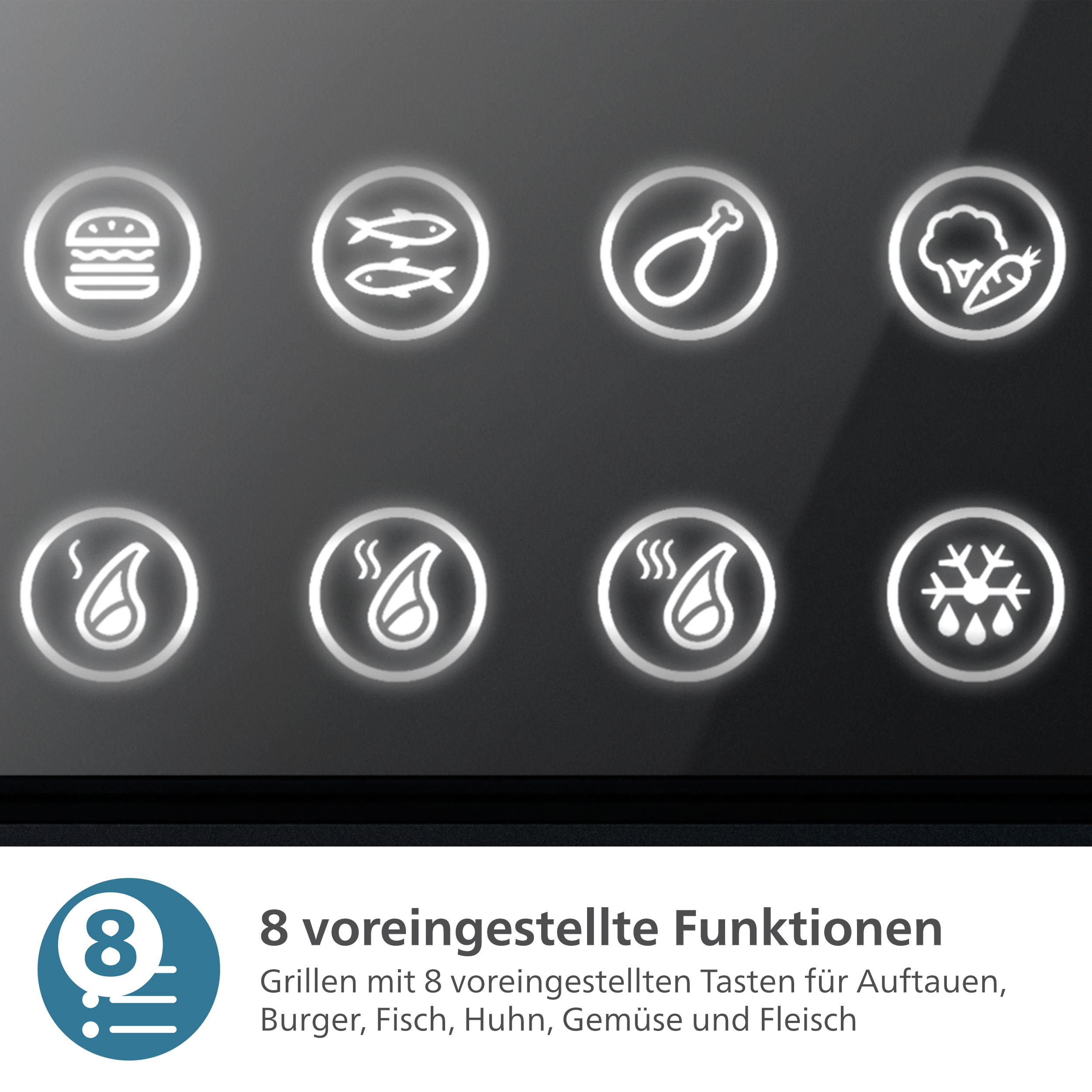 Nahaufnahme eines Bedienfelds mit beleuchteten Symbolen für verschiedene Lebensmittel.
