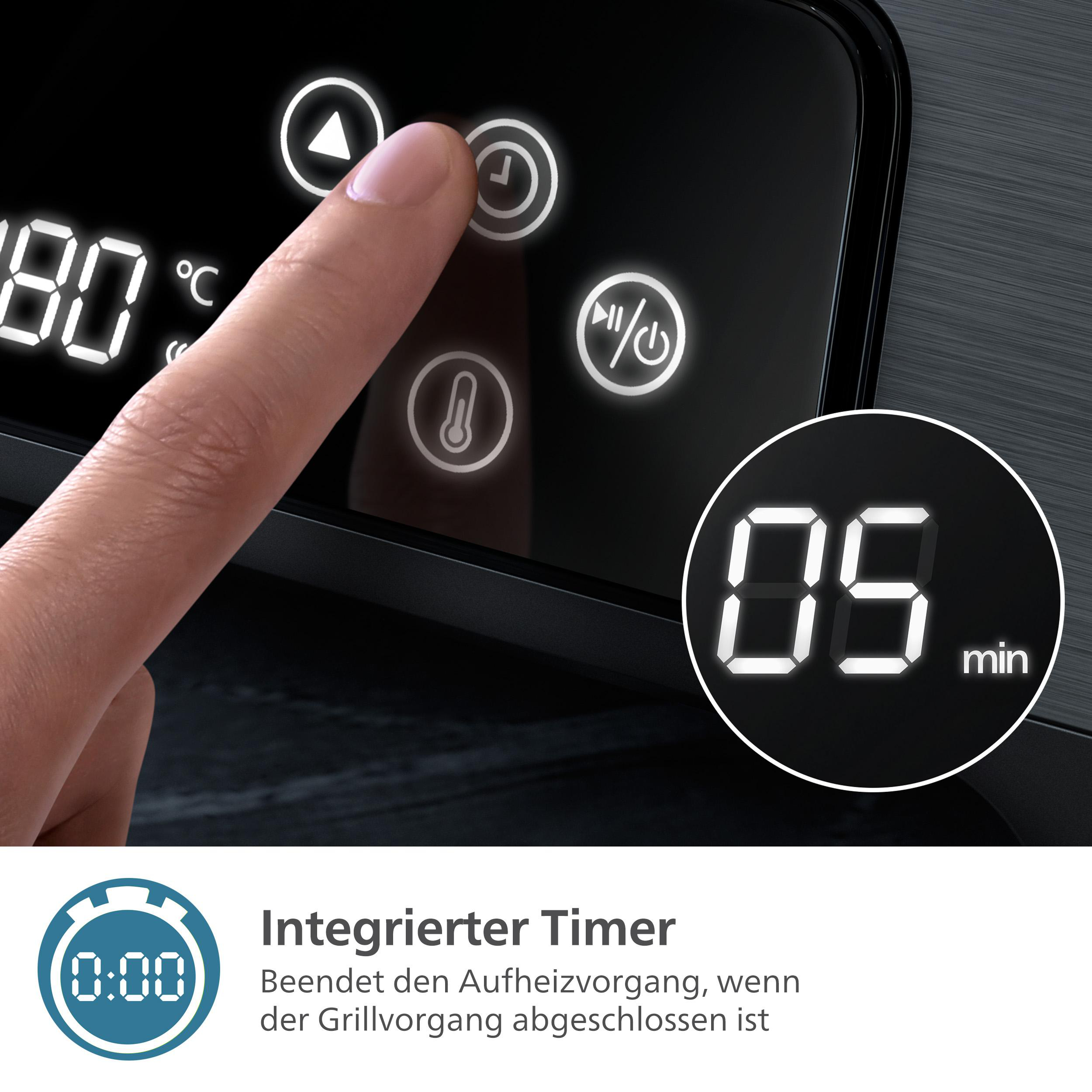 Nahaufnahme eines schwarzen Gerätebedienfelds. Ein Finger drückt eine Timer-Taste. Anzeige zeigt '05 min'.