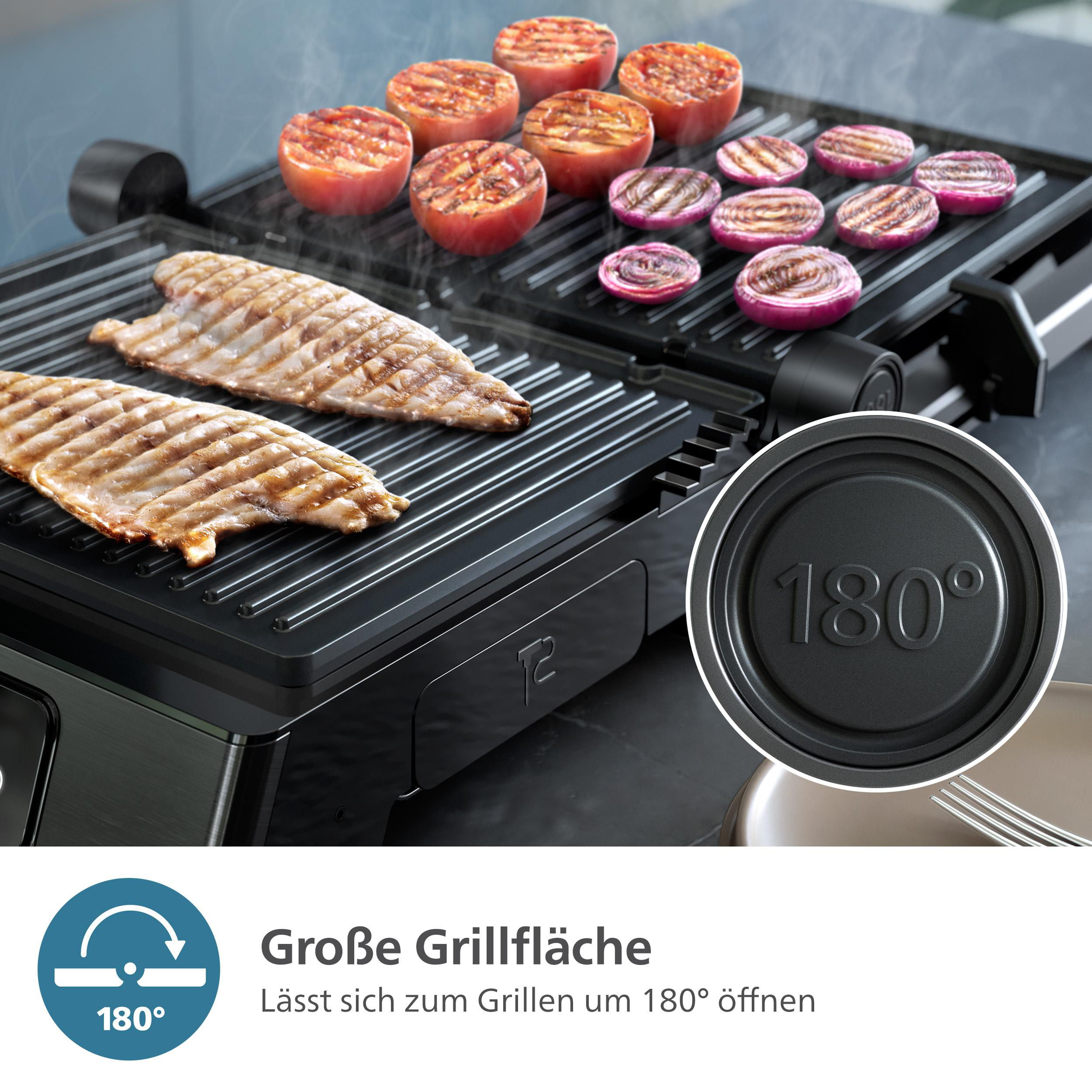 Grill mit Essen darauf. Der Grill kann sich um 180 Grad öffnen. Etwas Essen wird gegrillt.
