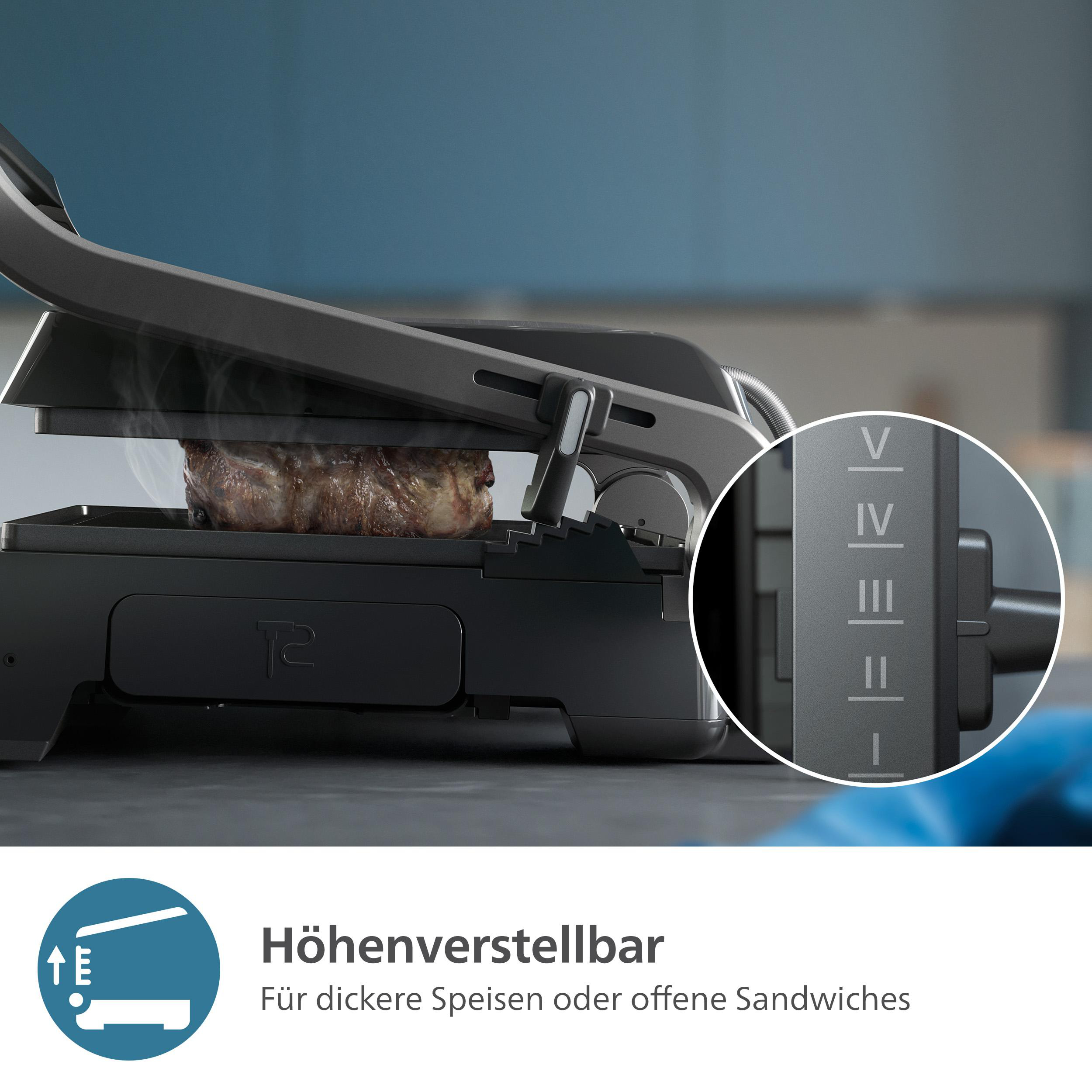 Nahaufnahme eines Panini-Grills mit einem gebratenen Steak und einem Einstellrad.