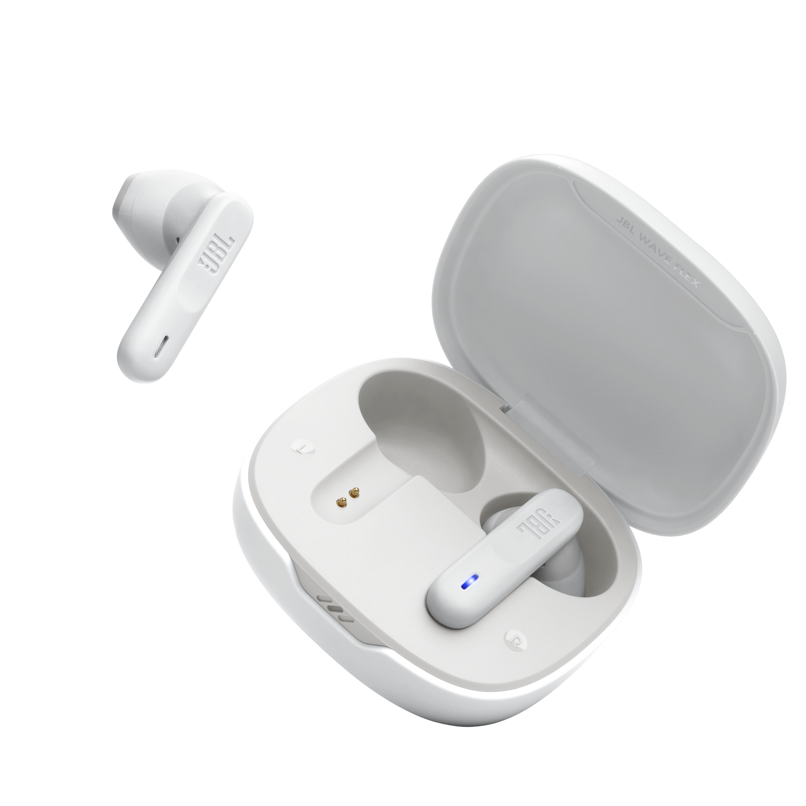 Beyaz JBL Wave Flex kulaklıklar ve şarj kutusu.