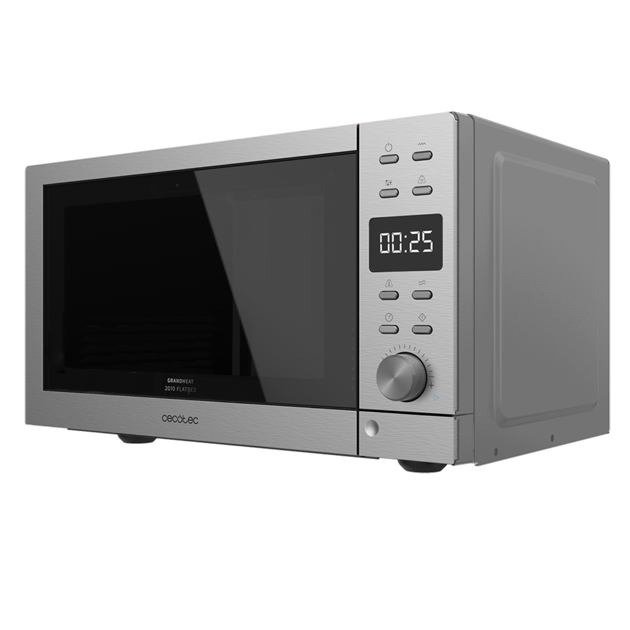Horno microondas plateado con pantalla digital 00:25 y panel de control.