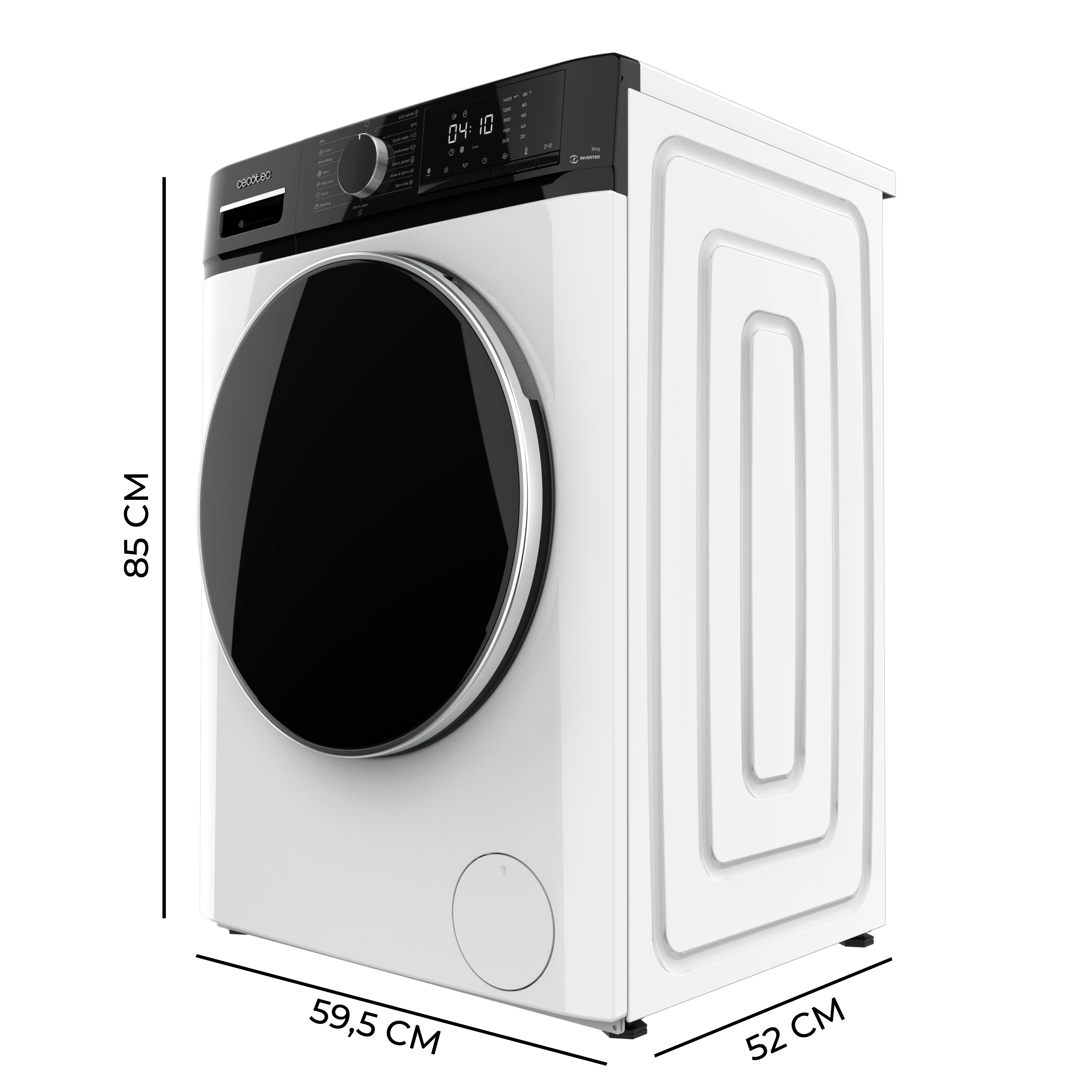 Lavadora blanca con puerta y panel de control negros. La pantalla muestra 04:10.
