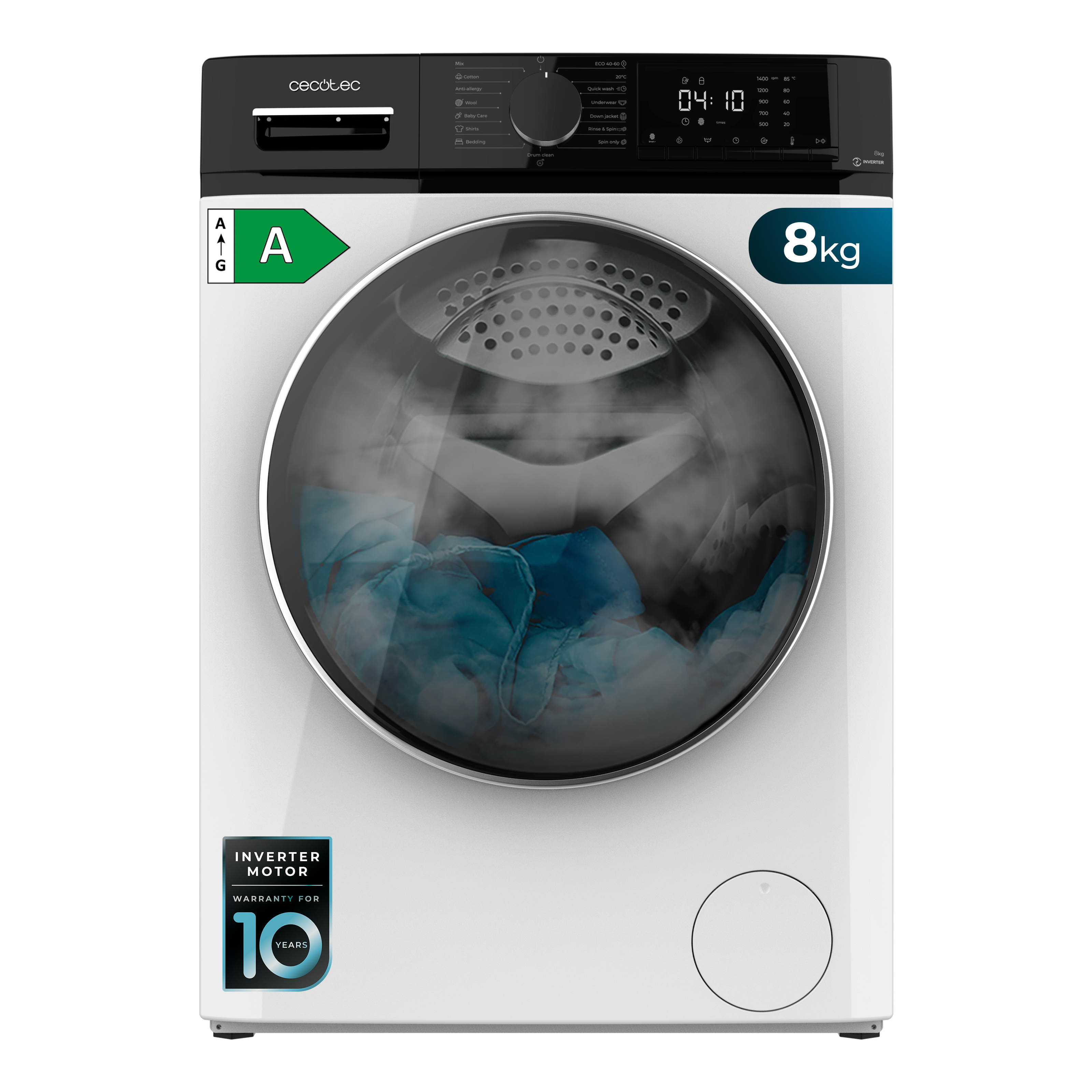 Vista frontal de una lavadora blanca con puerta negra. La etiqueta energética es visible.