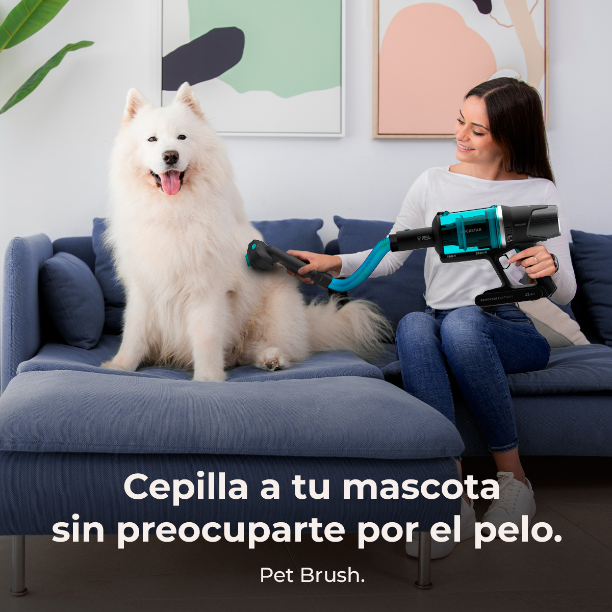Mujer cepillando un perro blanco con un cepillo para mascotas. Texto: Cepilla a tu mascota sin preocuparte por el pelo.