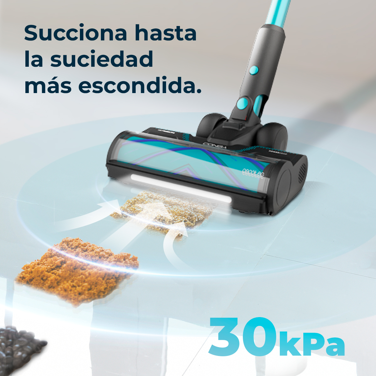 Aspiradora limpiando escombros. Texto: Aspira incluso la suciedad más escondida. 30kPa.