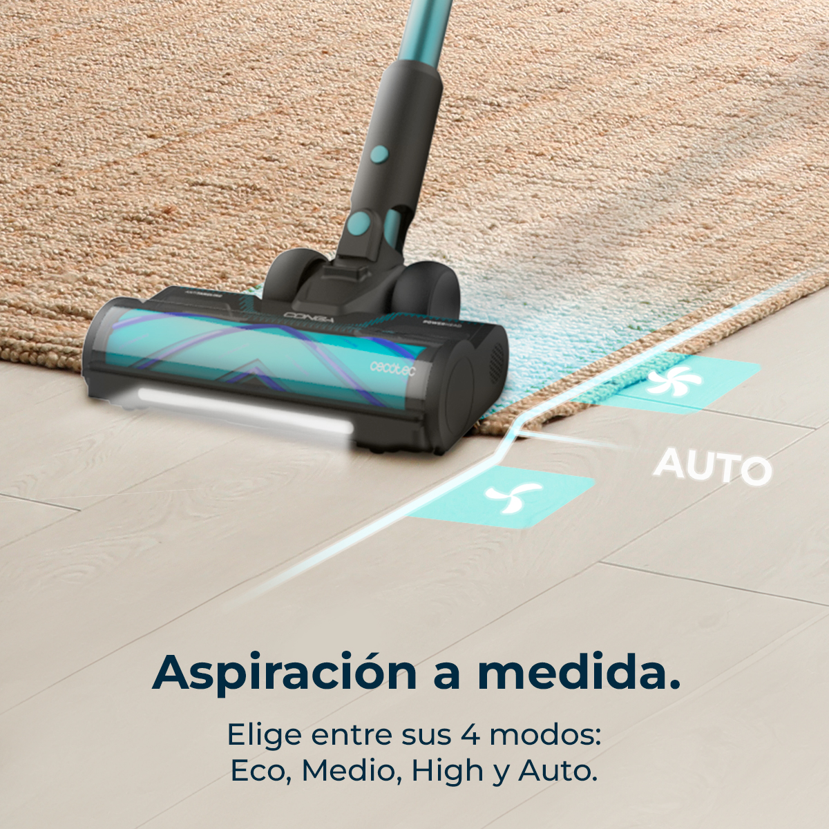 Aspiradora limpiando un suelo, mostrando los diferentes modos: Eco, Medio, Alto y Auto.