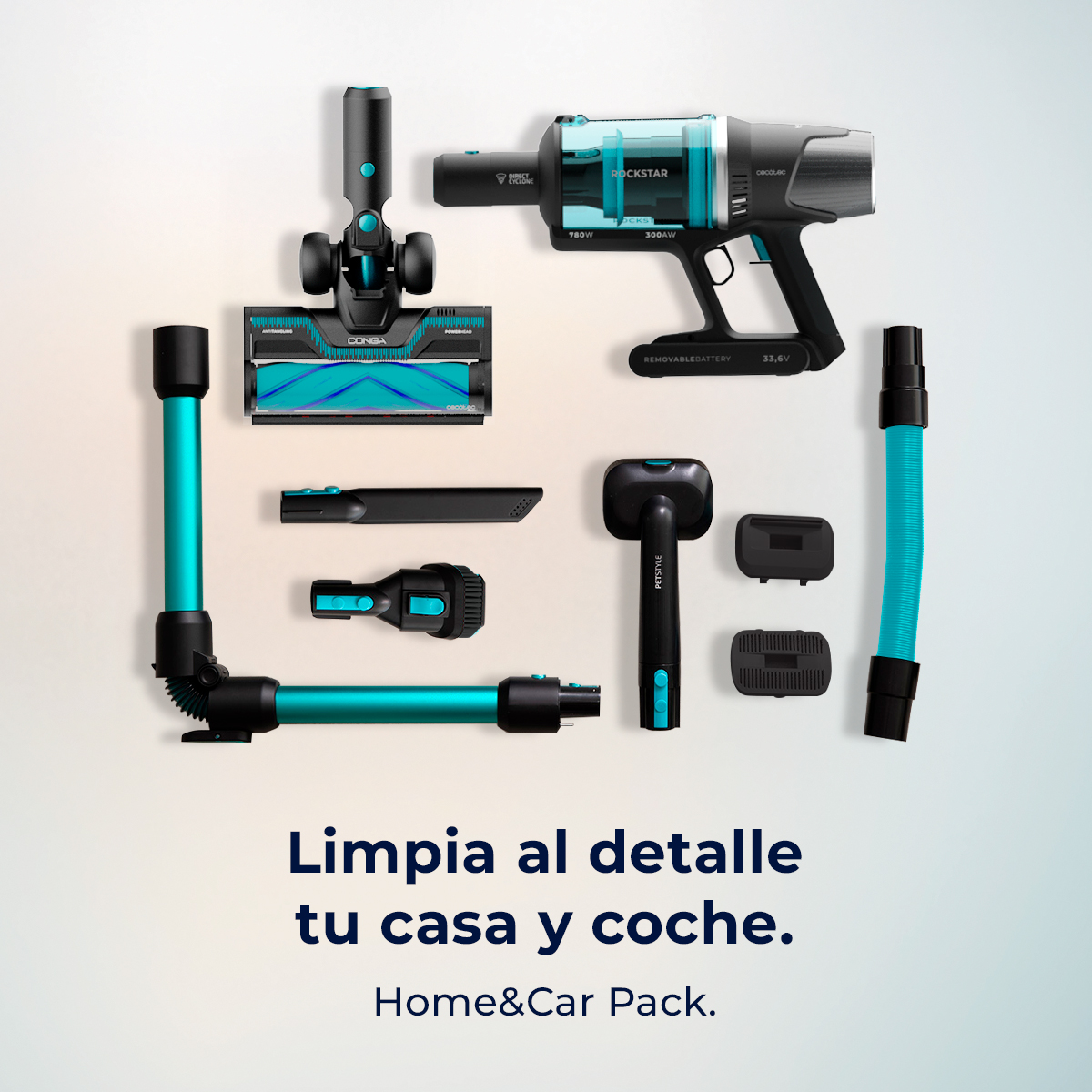 Piezas de aspiradora dispuestas. El texto dice Home & Car Pack. Fondo blanco.