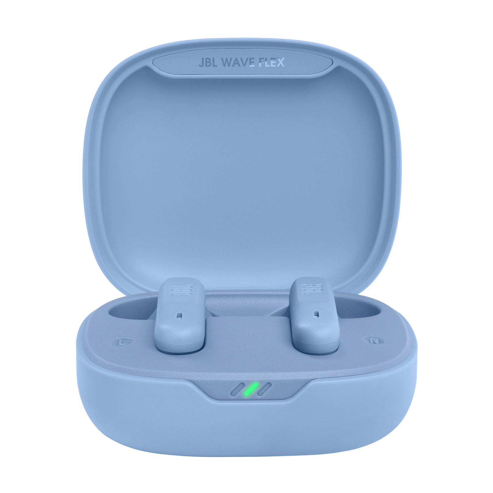 Şarj kutusunda mavi JBL Wave Flex kulaklıklar. Kutu açık, kulaklıklar görünüyor.