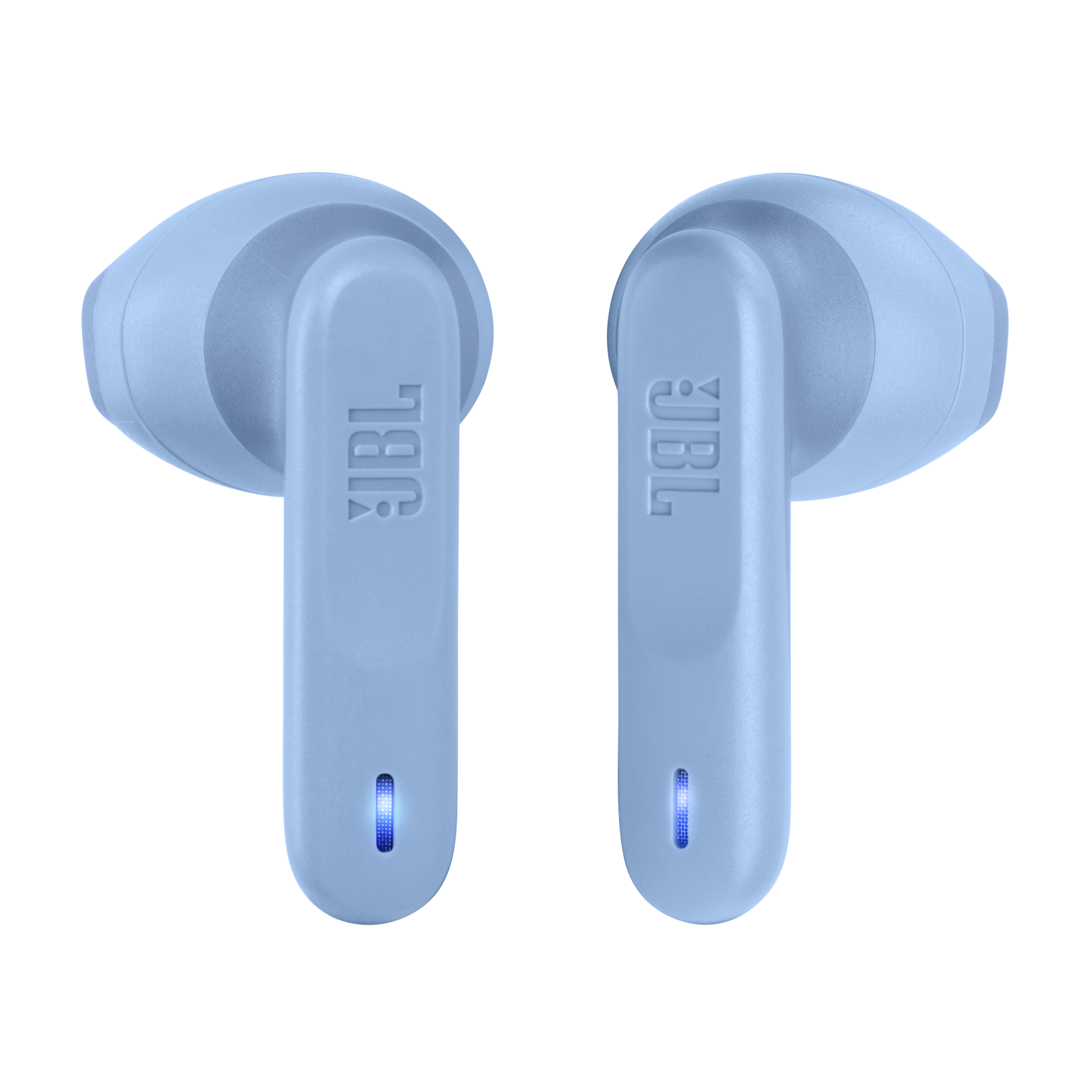İki mavi JBL Wave Flex kulaklık, 'JBL' logosunu gösteriyor. Kulaklıklar siyah bir arka planda.