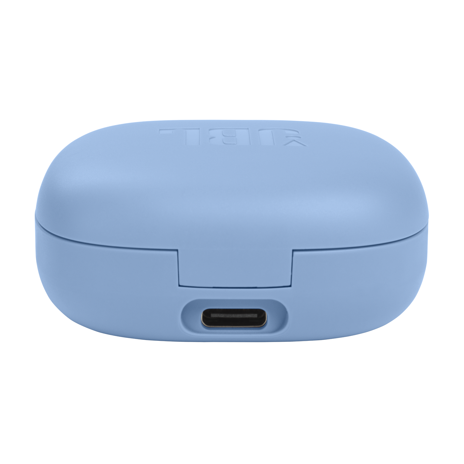 JBL Wave Flex kulaklıklar için mavi şarj kutusu, USB-C bağlantı noktası görünür. 'JBL' logosu.