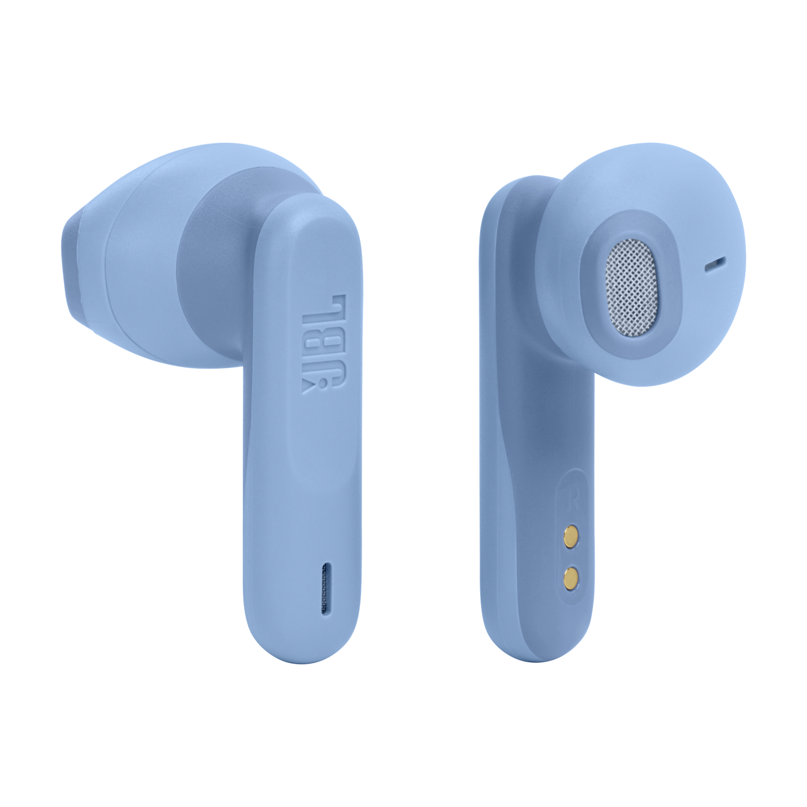 İki mavi JBL kulaklık, açılı görünüm, siyah arka planda. JBL logosu görülebilir.