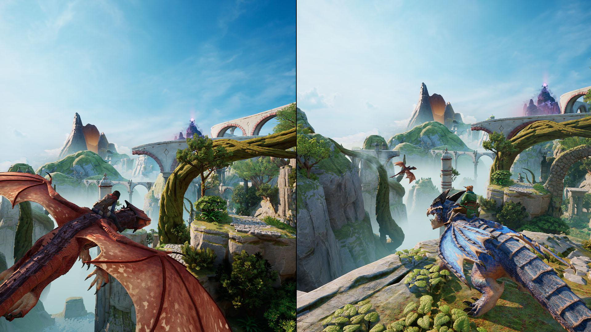 Zwei Drachen fliegen in einer Fantasielandschaft, Burgen und Brücken sind sichtbar.