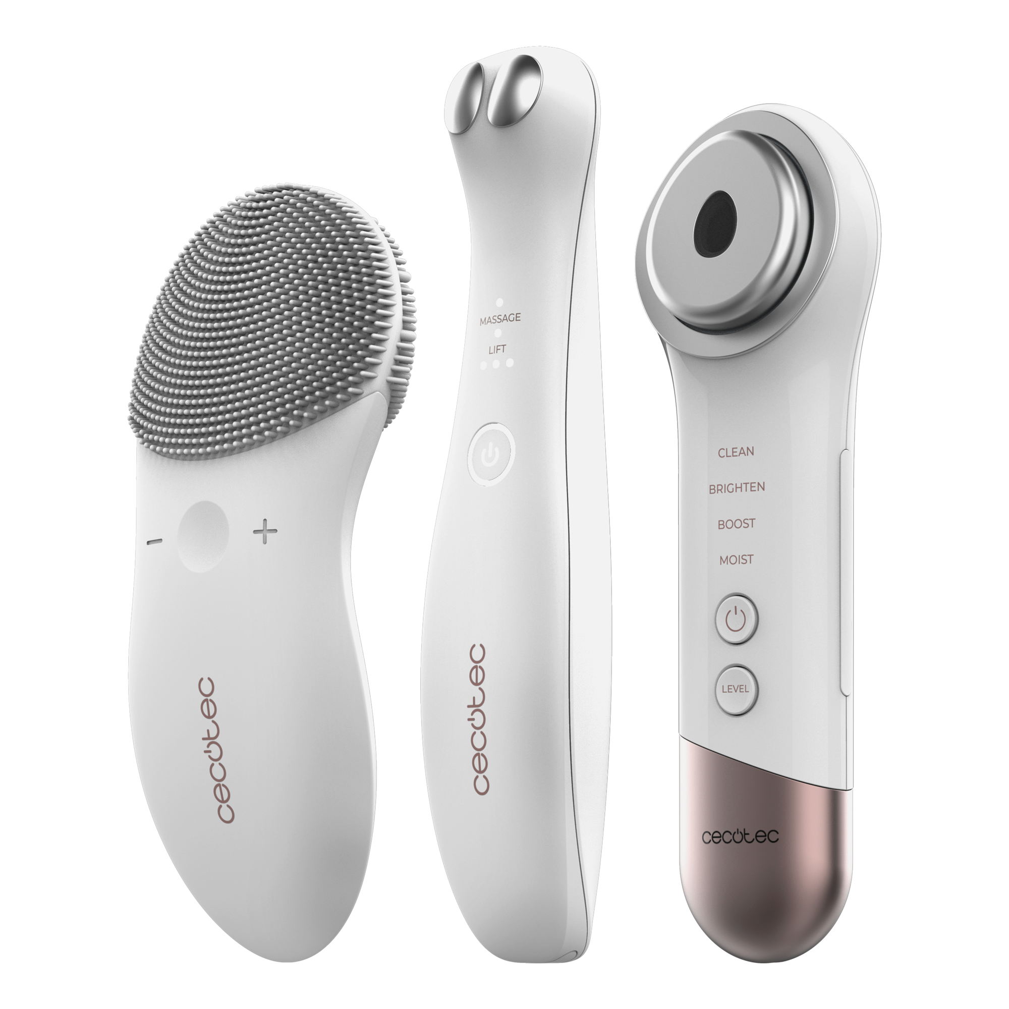 Tres dispositivos blancos para el cuidado facial. Uno es un cepillo de limpieza, otro es un dispositivo de elevación y el tercero es un humectante.
