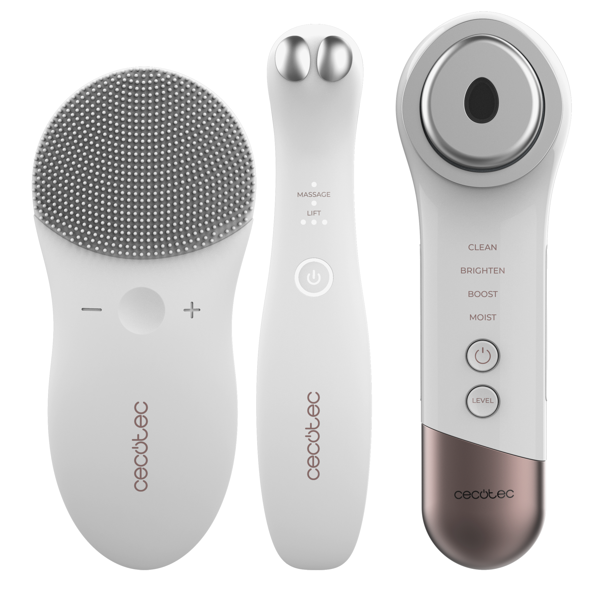 Tres dispositivos blancos para el cuidado facial. Uno tiene un cabezal de cepillo, otro dos bolas de metal y otro botones.