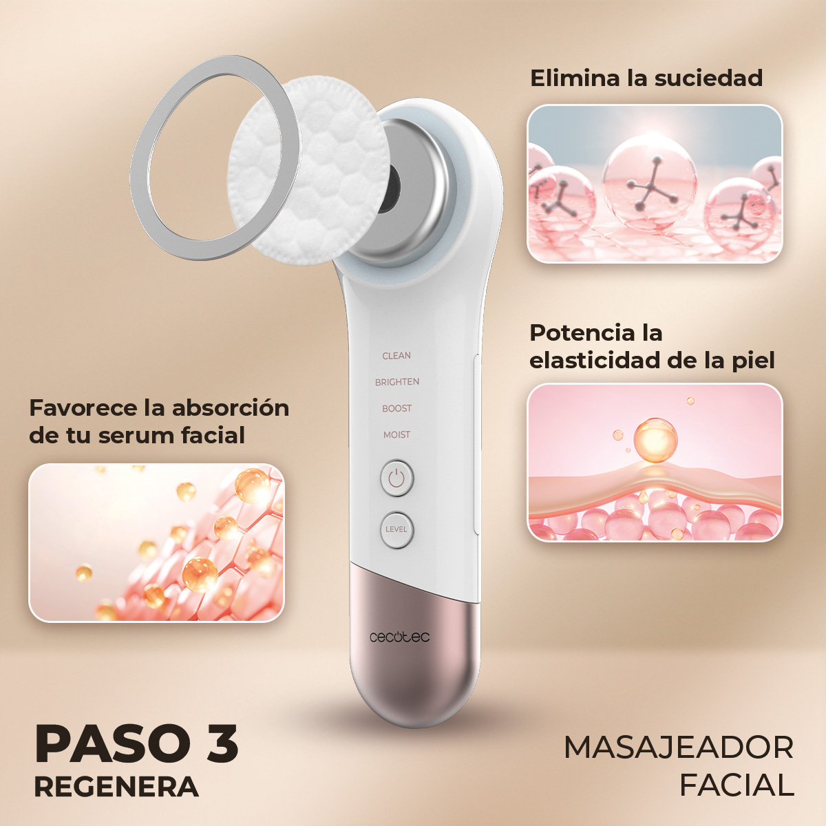 Masajeador facial blanco con cabezal metálico. El texto explica que ayuda a la absorción del sérum y aumenta la elasticidad de la piel.