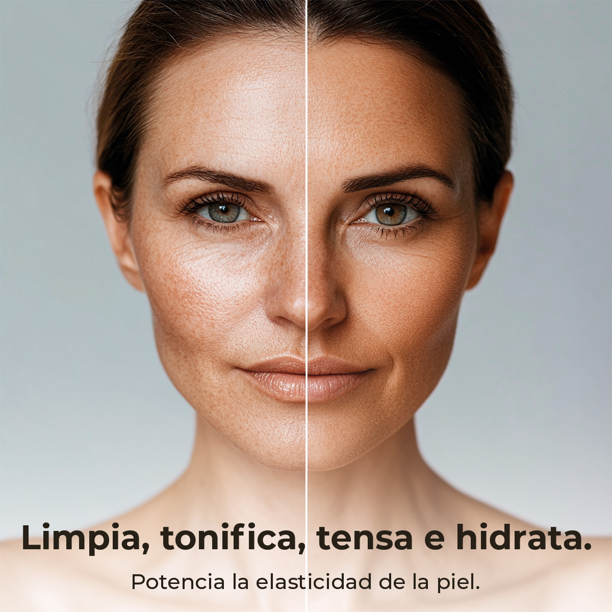 Dos rostros de mujeres, uno antes y otro después del cuidado de la piel. El texto dice: 'Limpia, tonifica, tensa e hidrata'.