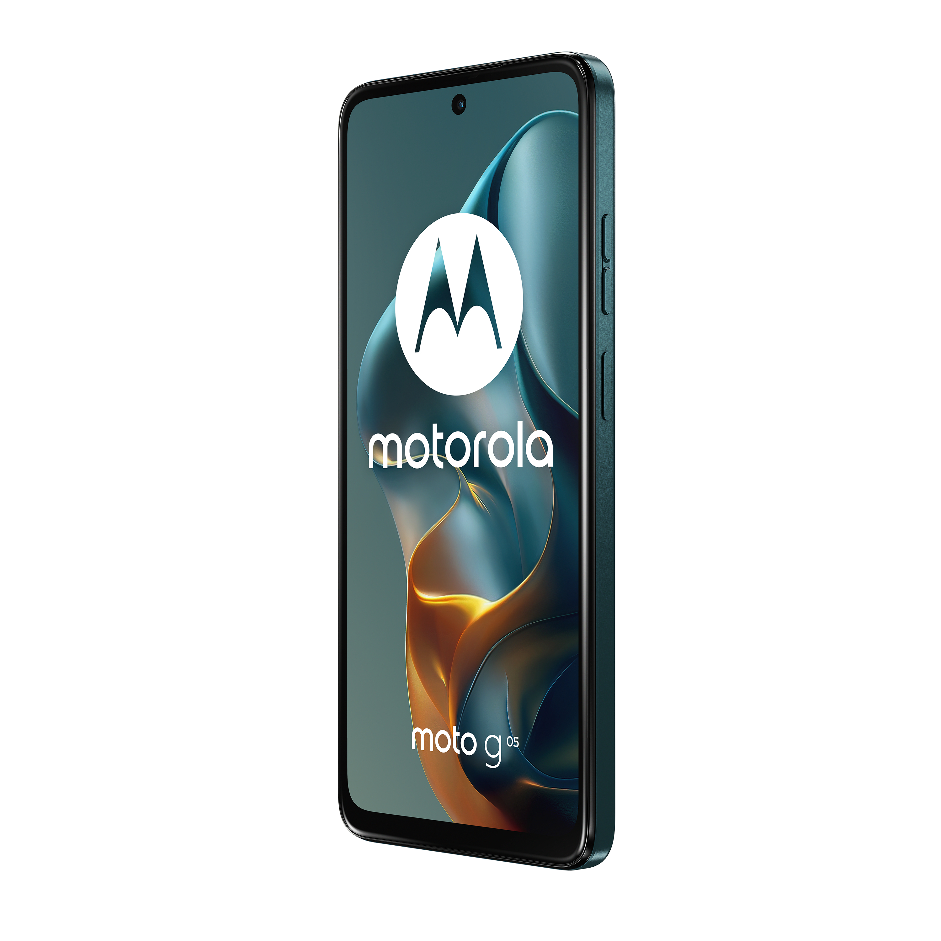 Motorola Moto g05 Smartphone, teal Farbe, weißer Hintergrund.