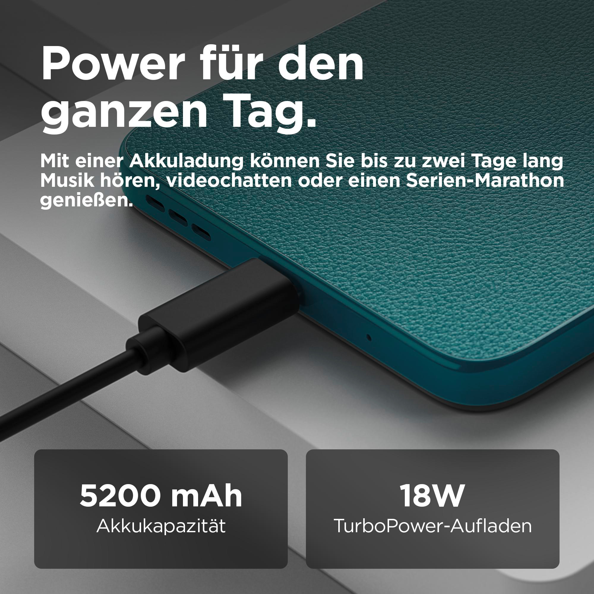 Türkisfarbenes Telefon mit Ladekabel und Details zu Akku und Ladegerät.