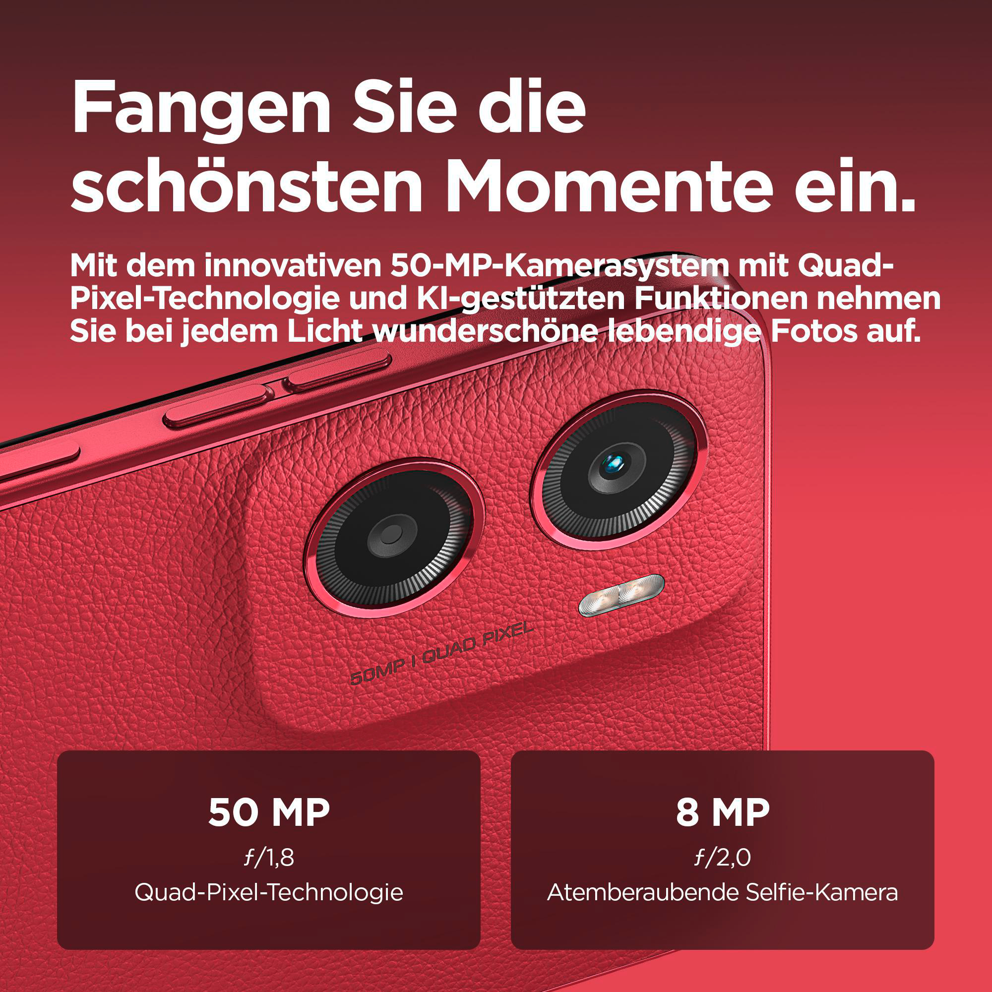 Nahaufnahme eines roten Telefons mit einem schwarzen Kameramodul.