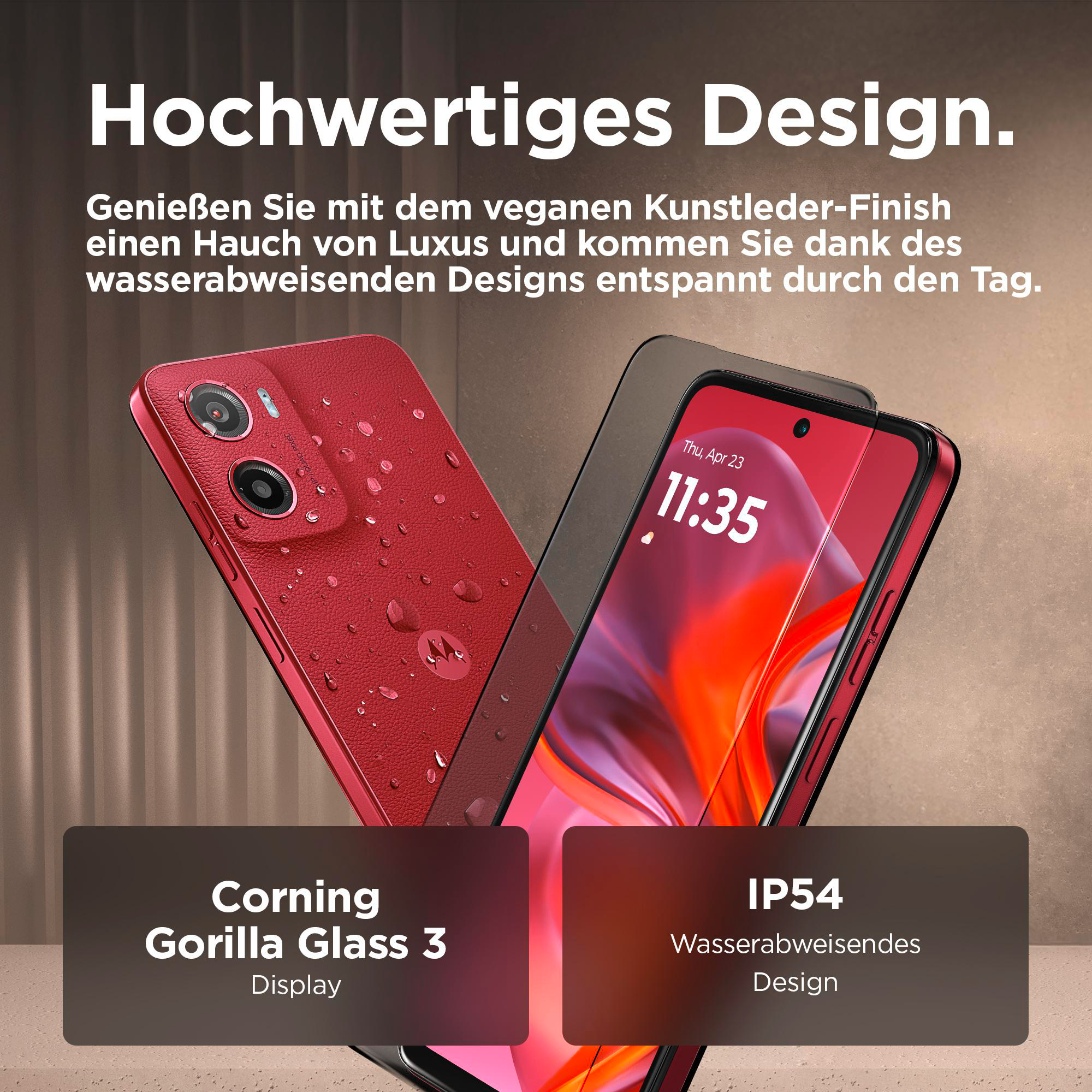 Rote Telefone, eines mit Bildschirm, das andere Rückansicht, IP54 und Gorilla Glass Infos.