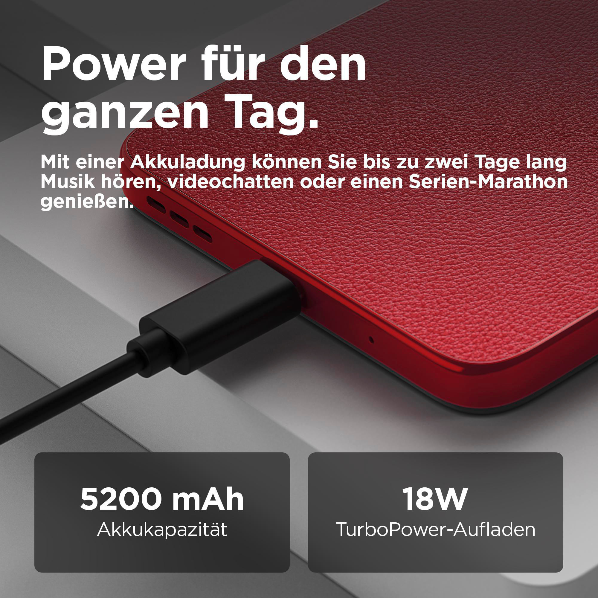 Rotes Telefon mit Ladekabel, Text: Power für den Tag.