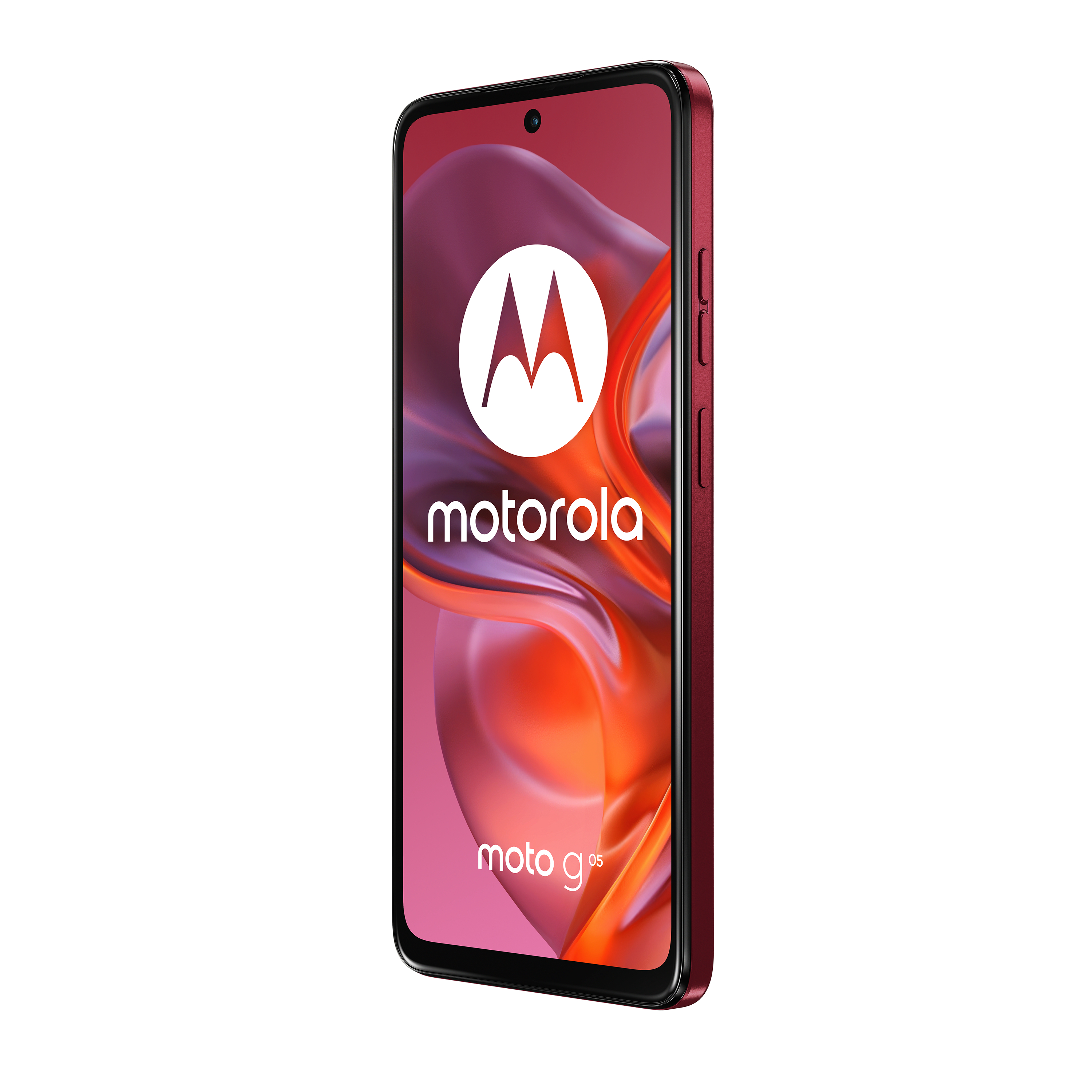 Ein rotes Motorola-Telefon wird in einem Winkel dargestellt und zeigt den Bildschirm.