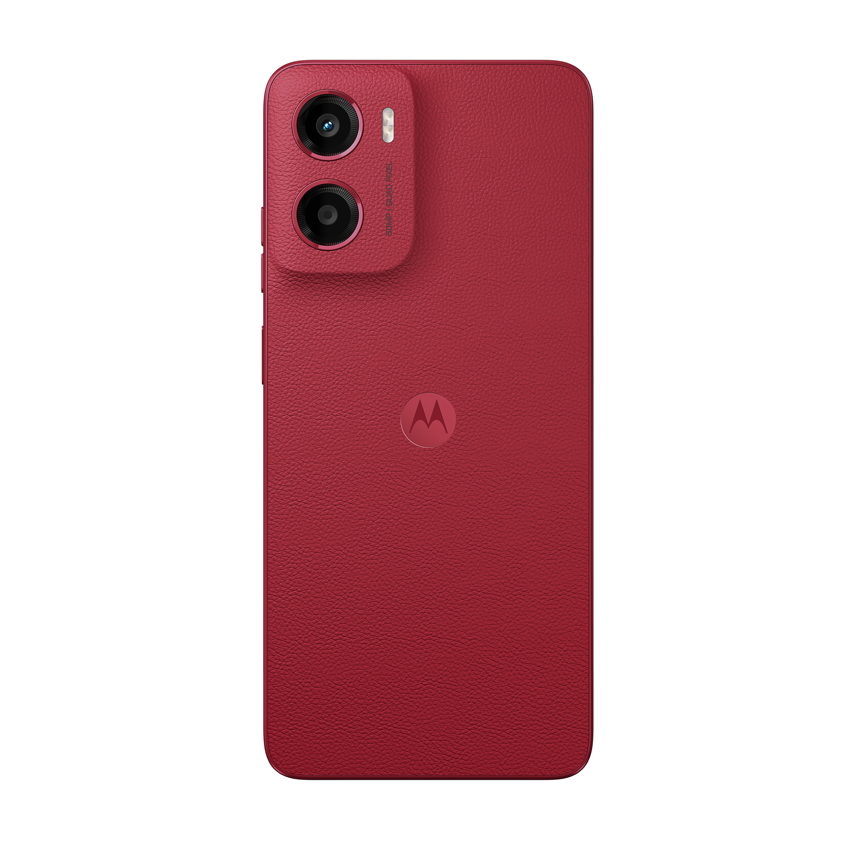 Rückseite eines roten Motorola Moto G05 Smartphones.