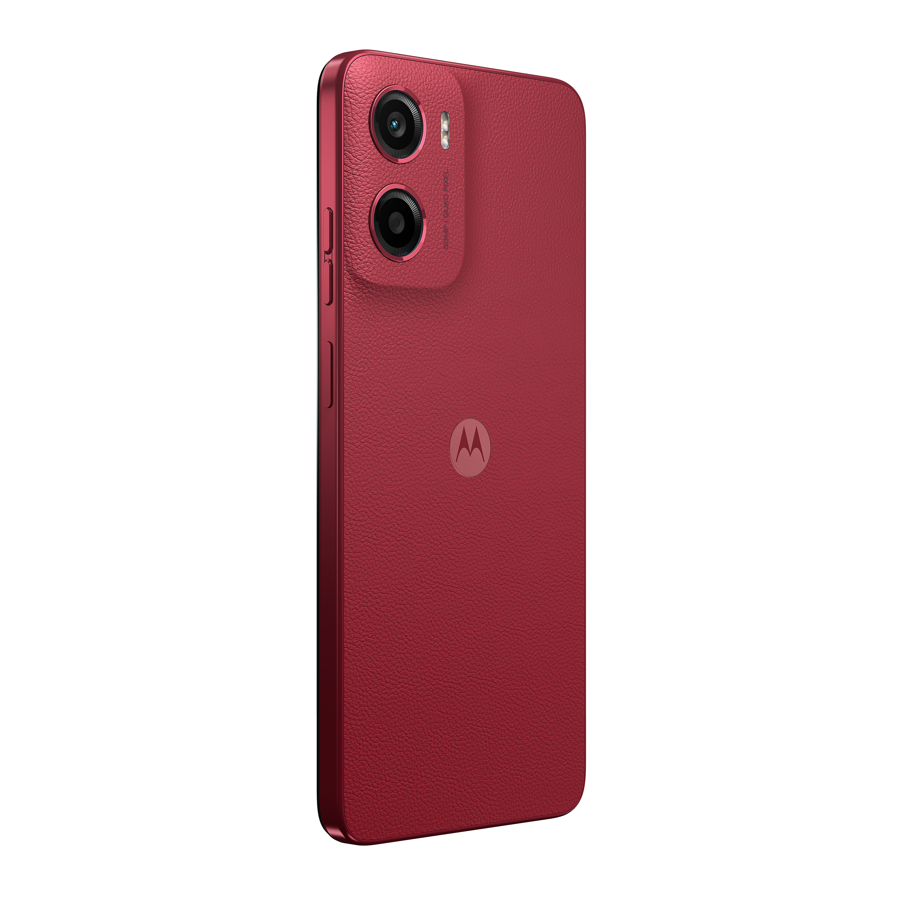 Motorola-Telefon, rot, lederartige Textur, Dual-Kamera.