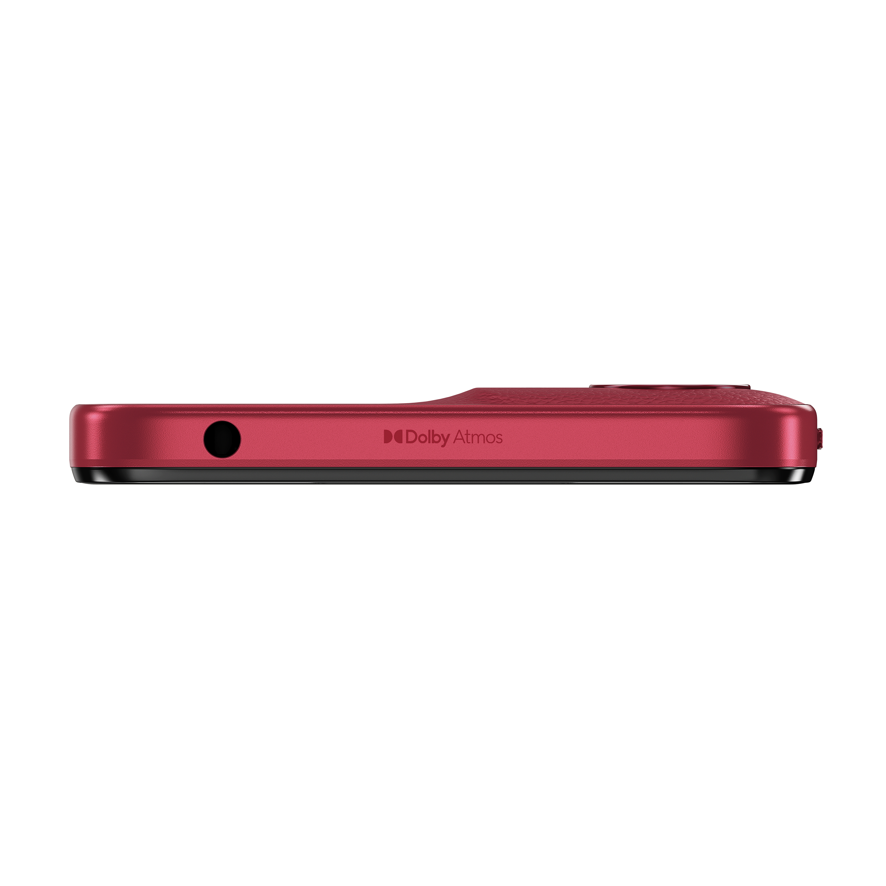 Rote Telefonseitenansicht mit Dolby Atmos Logo.