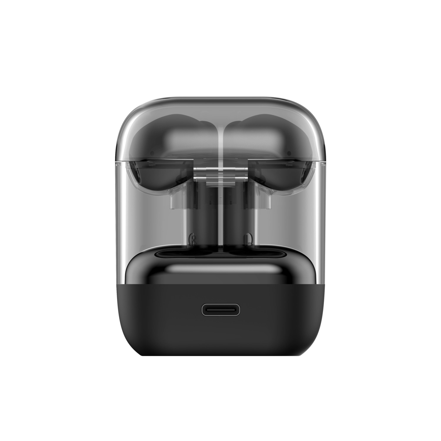 Transparent case with black earbuds inside.