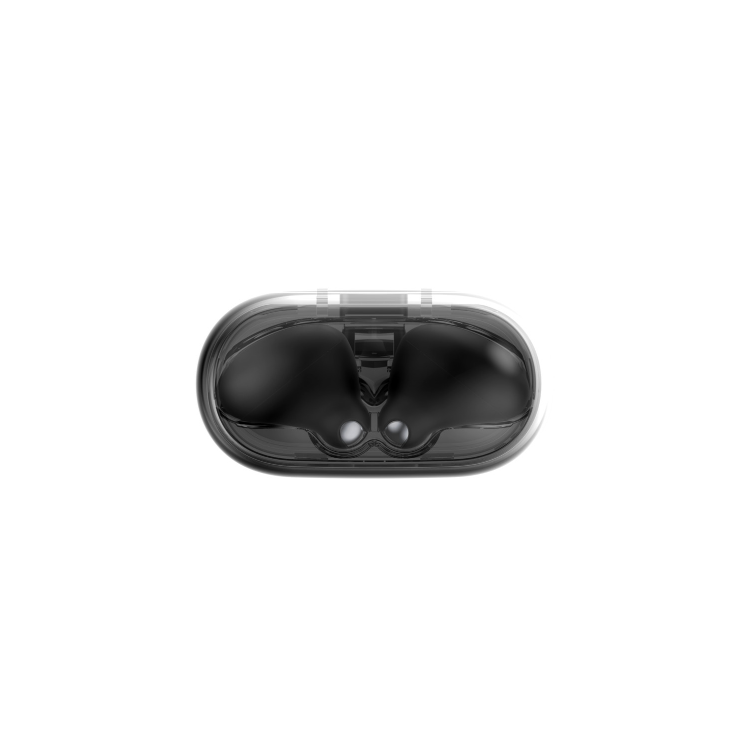 Top view of transparent case with black earbuds inside.
