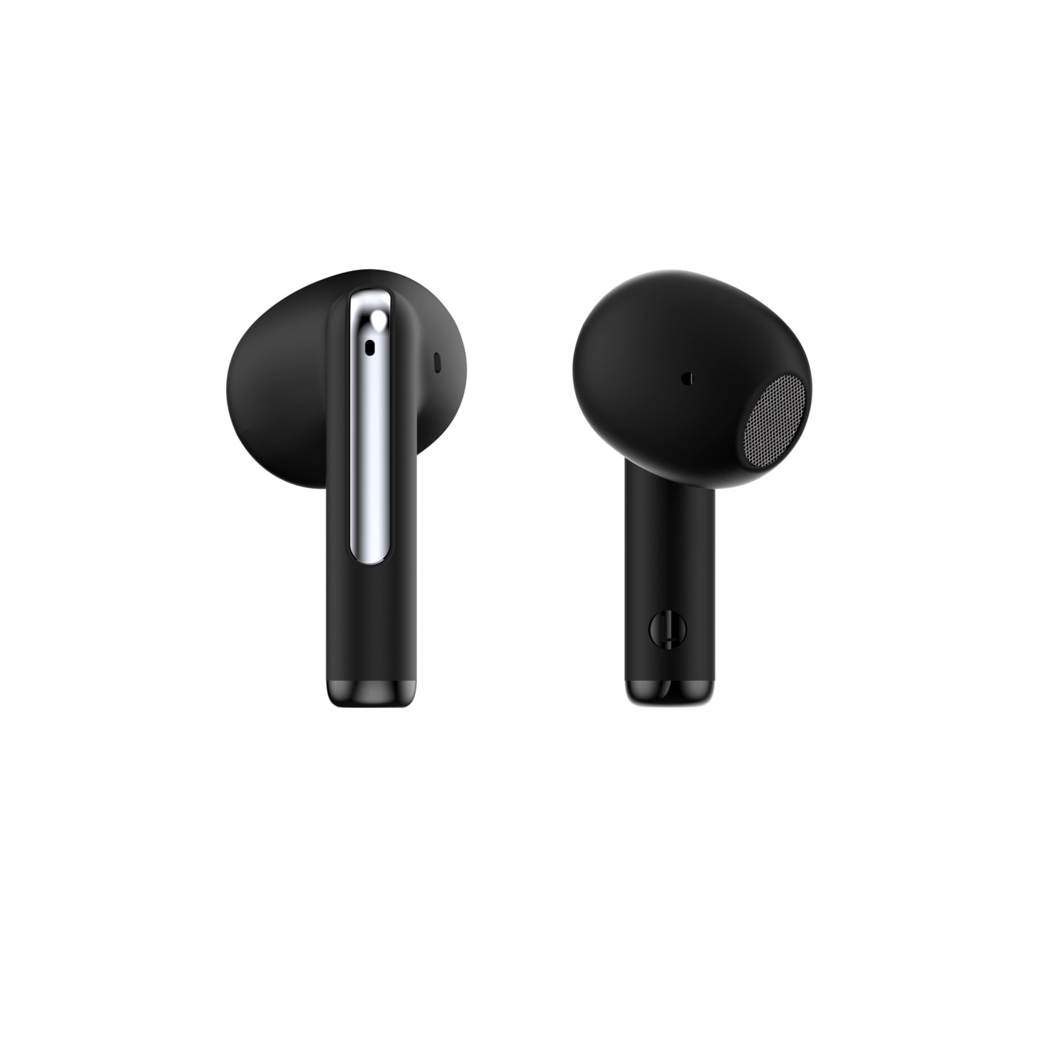 Black earbuds with silver detail.