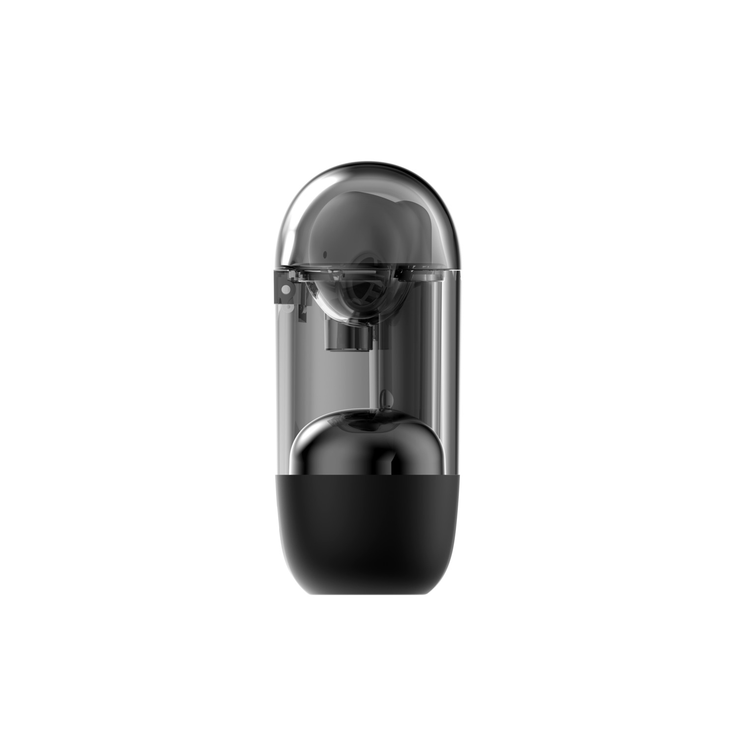 A black, transparent capsule-shaped object with an apple inside.