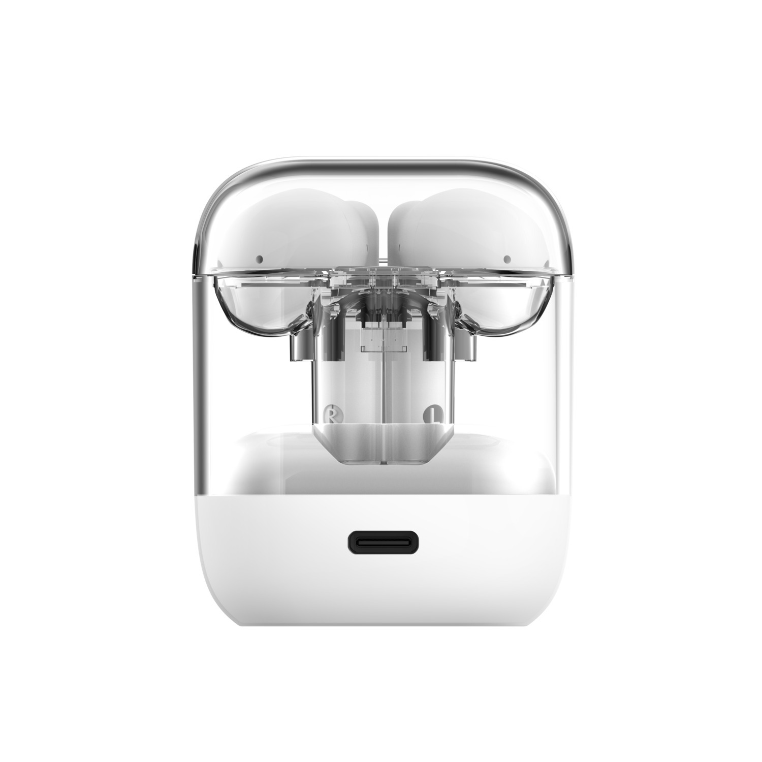White charging case with earbuds inside, clear lid