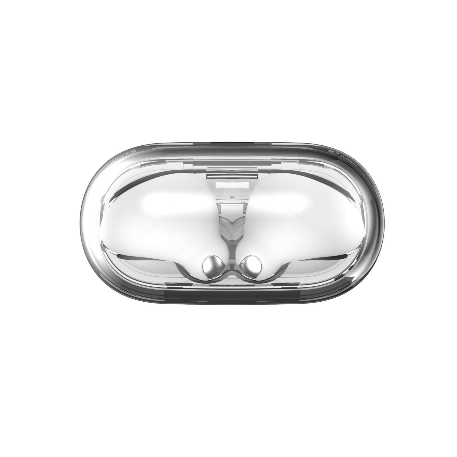 Top view of transparent case with white earbuds inside.