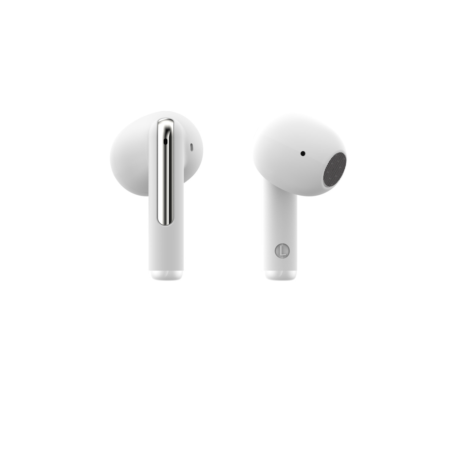 Two white earbuds, side profile.
