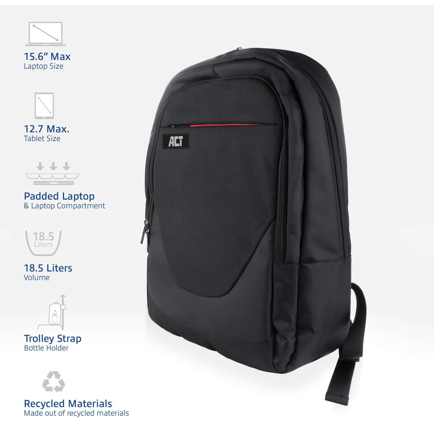 Black backpack with red accents, text descriptions for size and features.