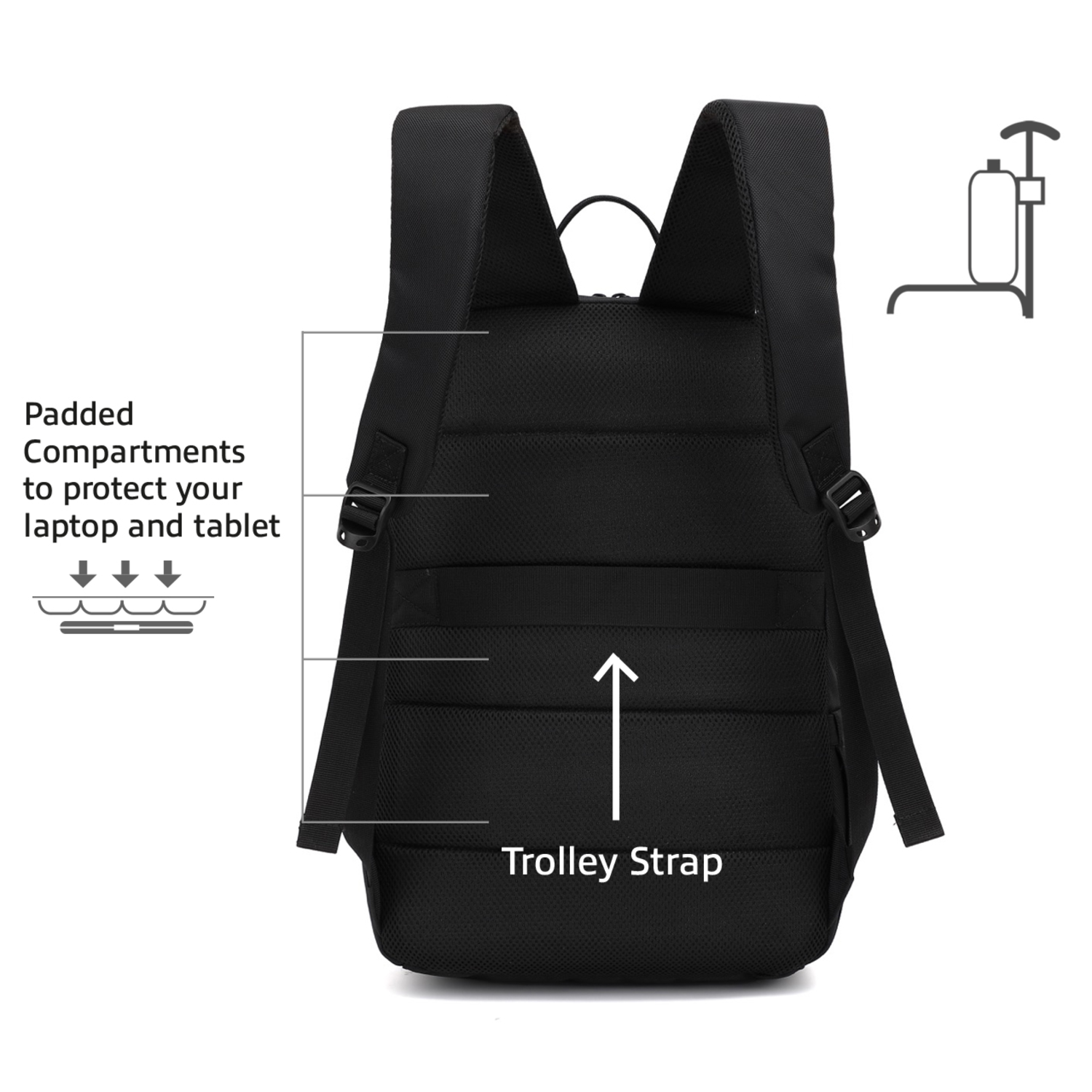 Back of a black backpack, showing padded compartments and a trolley strap.