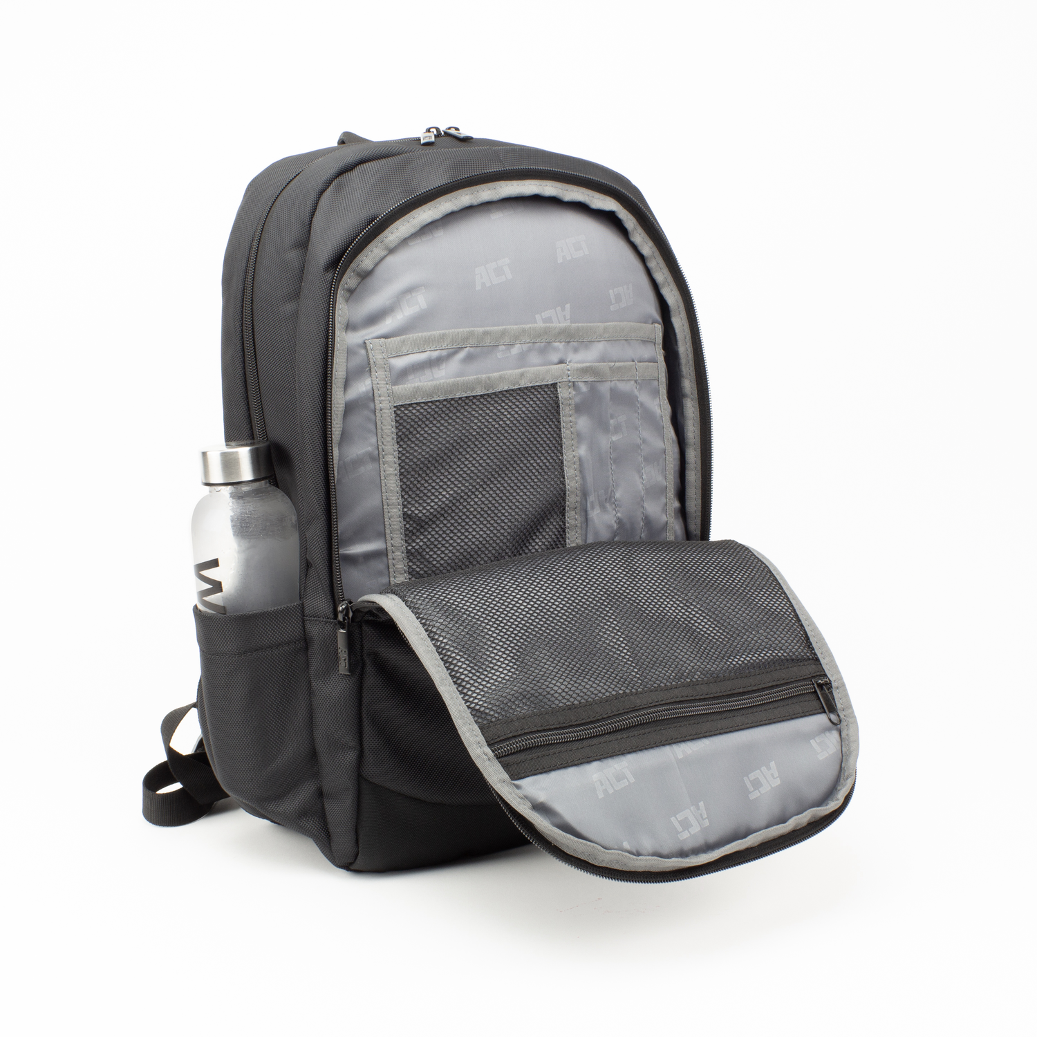 Black backpack with open pocket, water bottle in side pocket, white background.