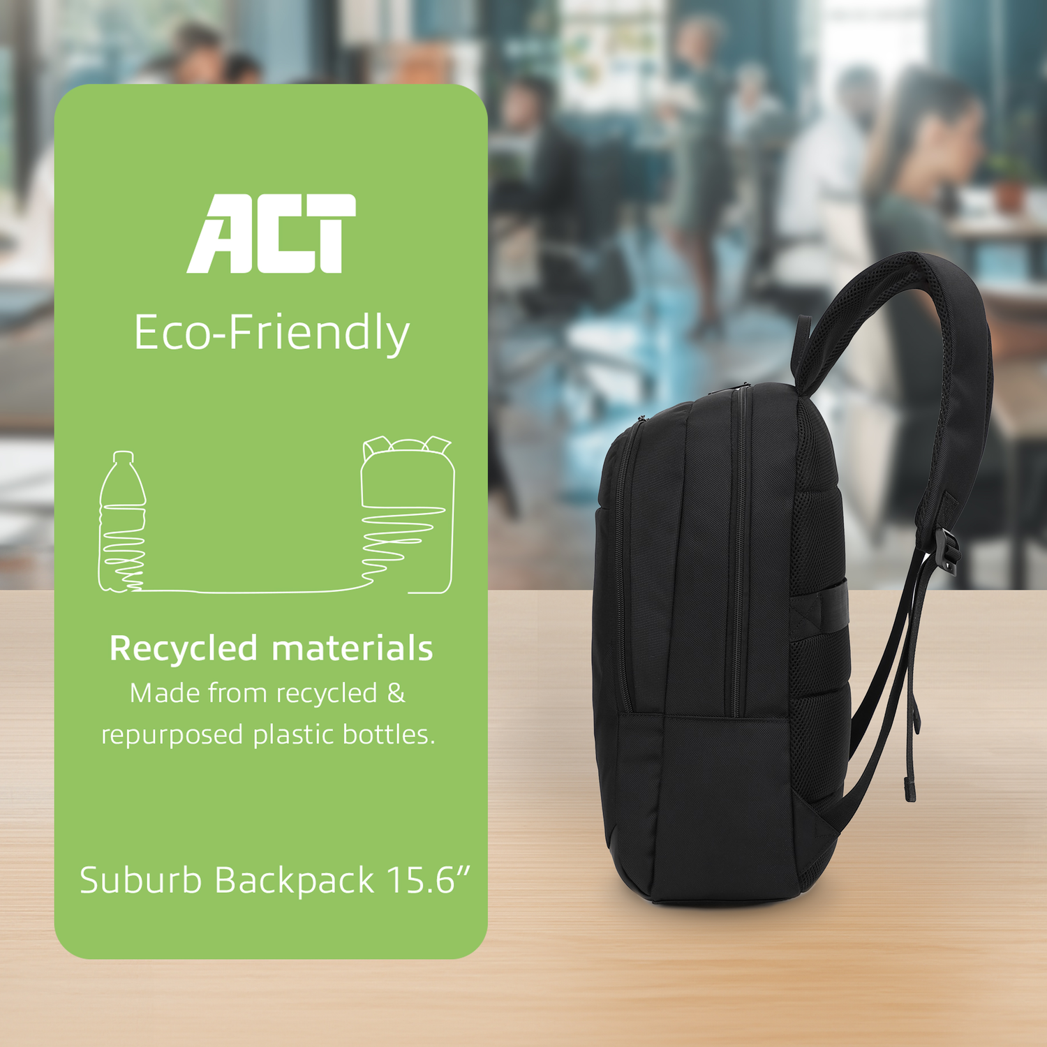 Black backpack, green eco-friendly info graphic, office setting background.