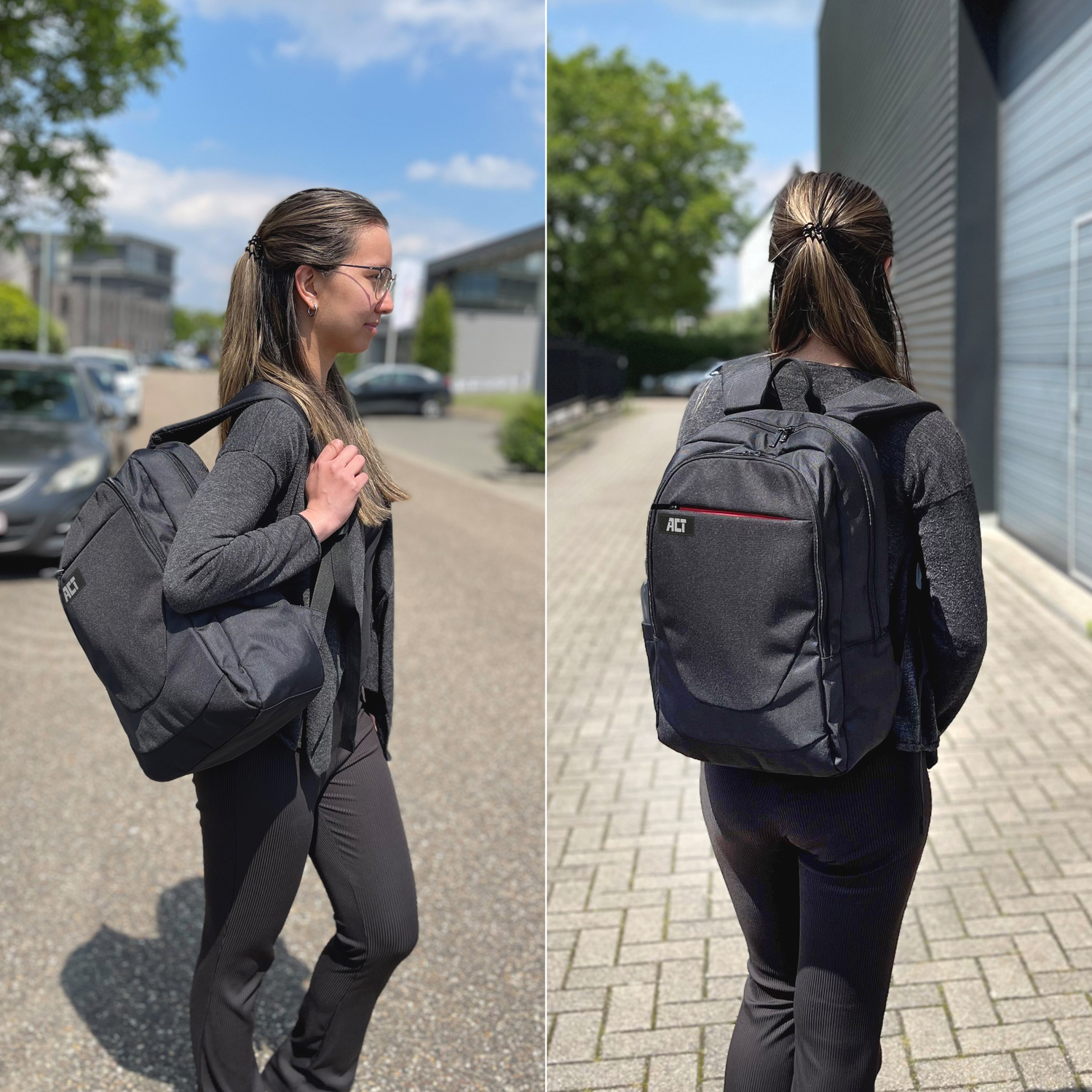 Woman with a backpack. She is wearing glasses and walking on a sidewalk. Second image is rear view.